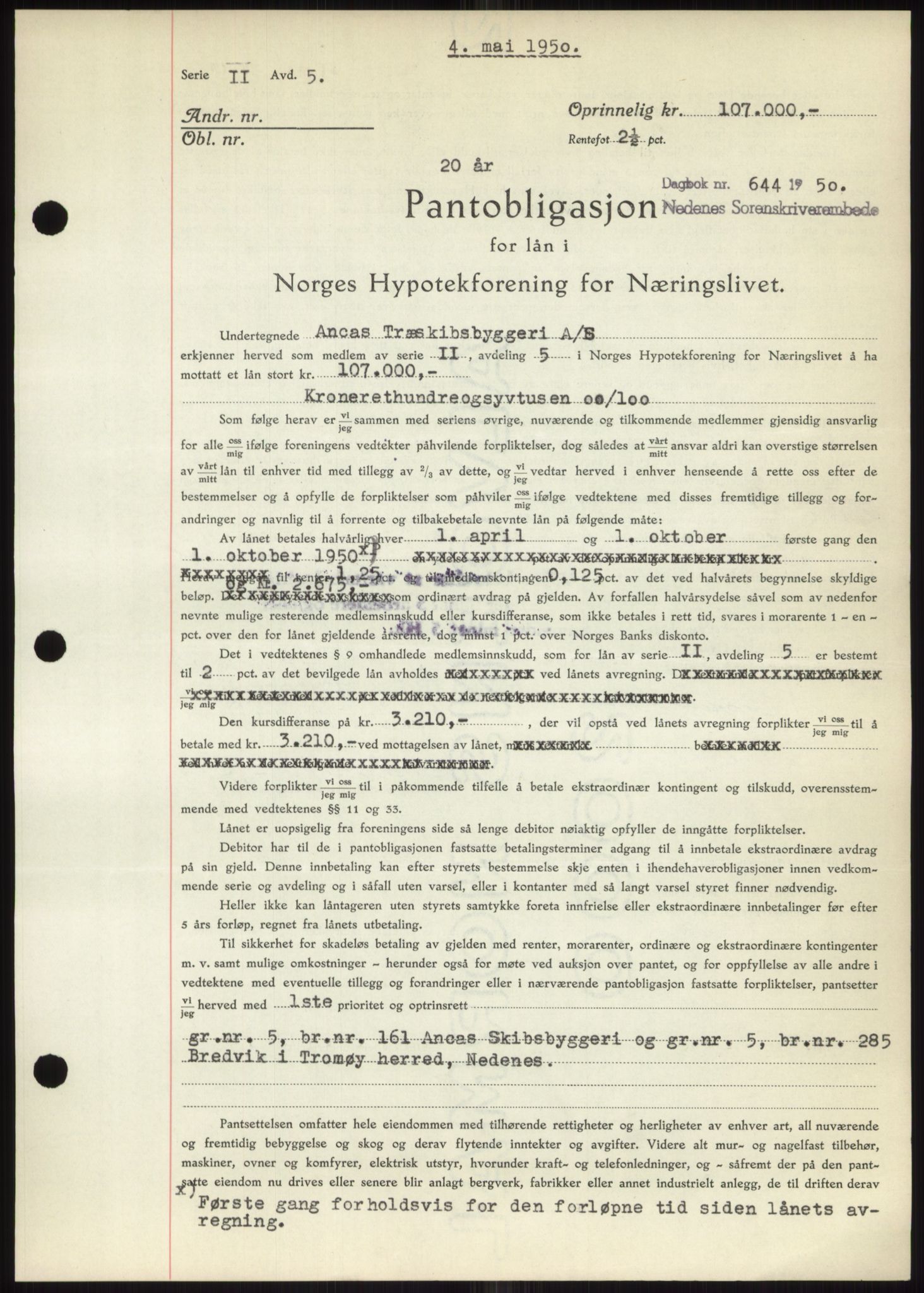 Nedenes sorenskriveri, AV/SAK-1221-0006/G/Gb/Gbb/L0007: Mortgage book no. B7, 1949-1950, Diary no: : 644/1950