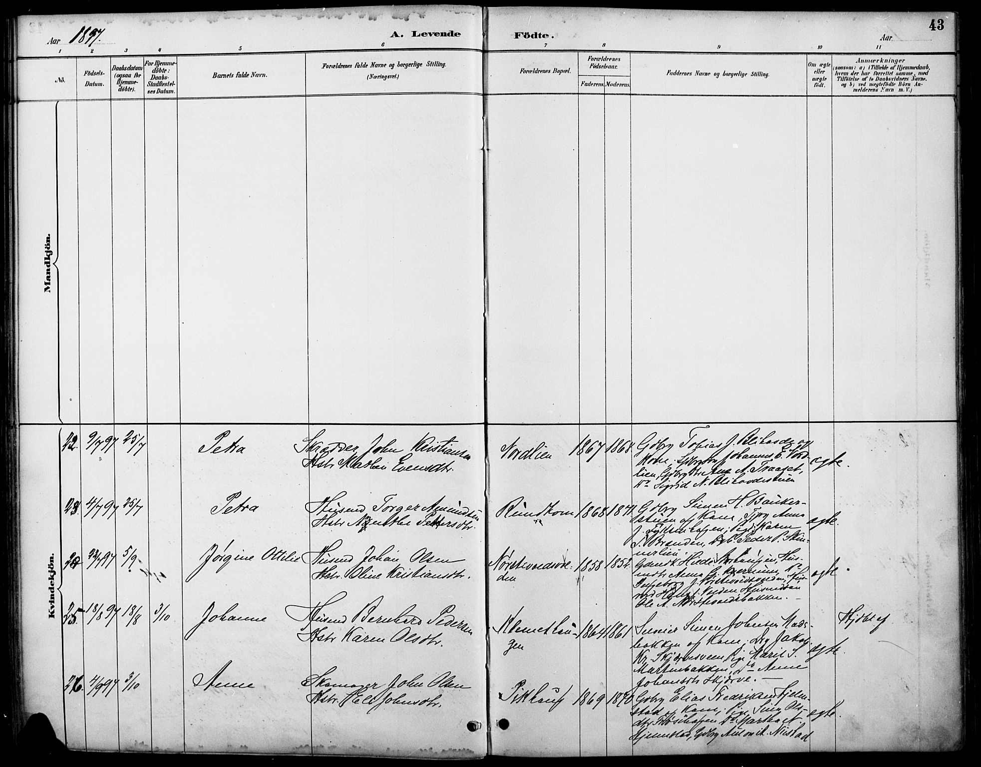 Østre Gausdal prestekontor, AV/SAH-PREST-092/H/Ha/Haa/L0002: Parish register (official) no. 2, 1887-1897, p. 43