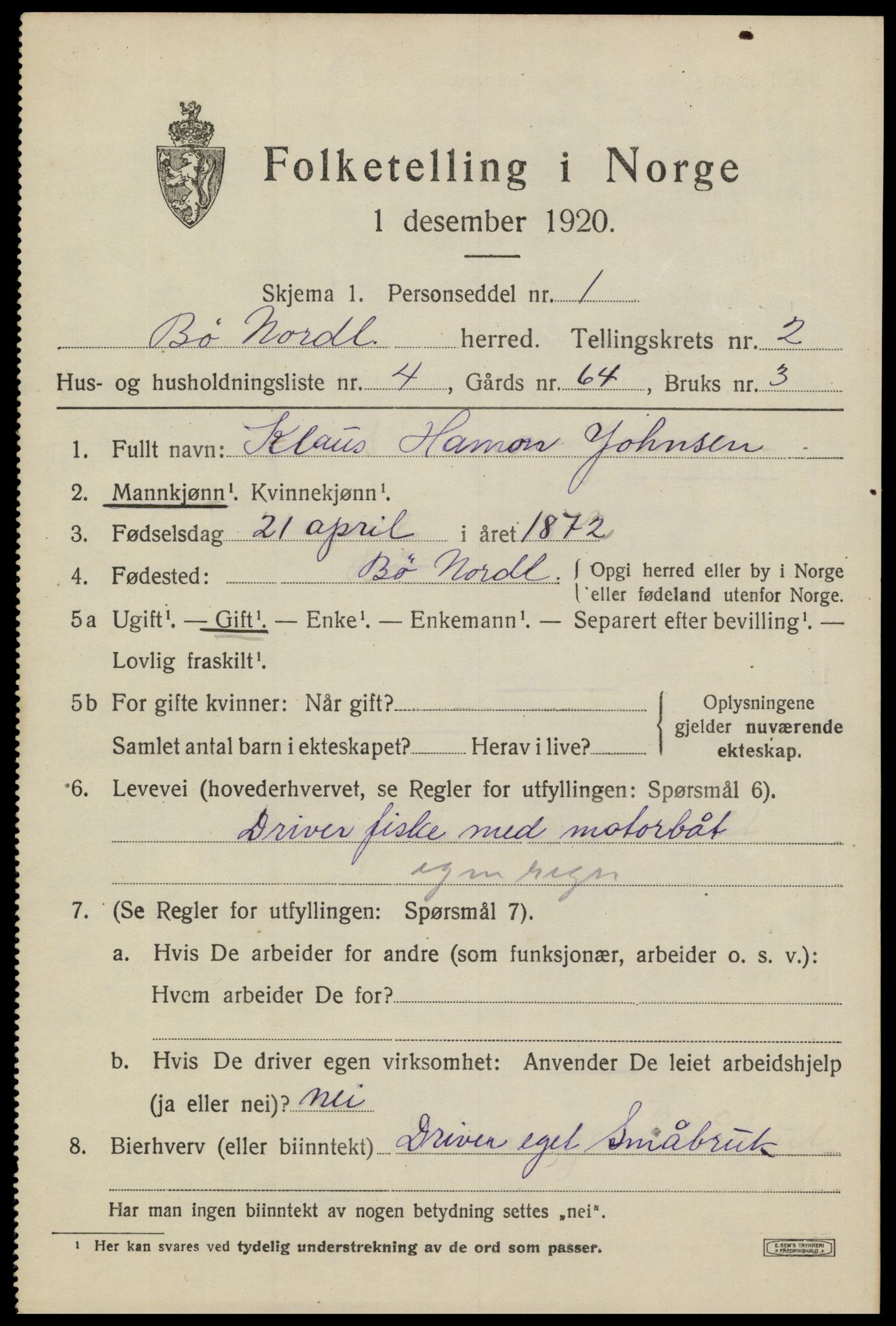 SAT, 1920 census for Bø, 1920, p. 2332