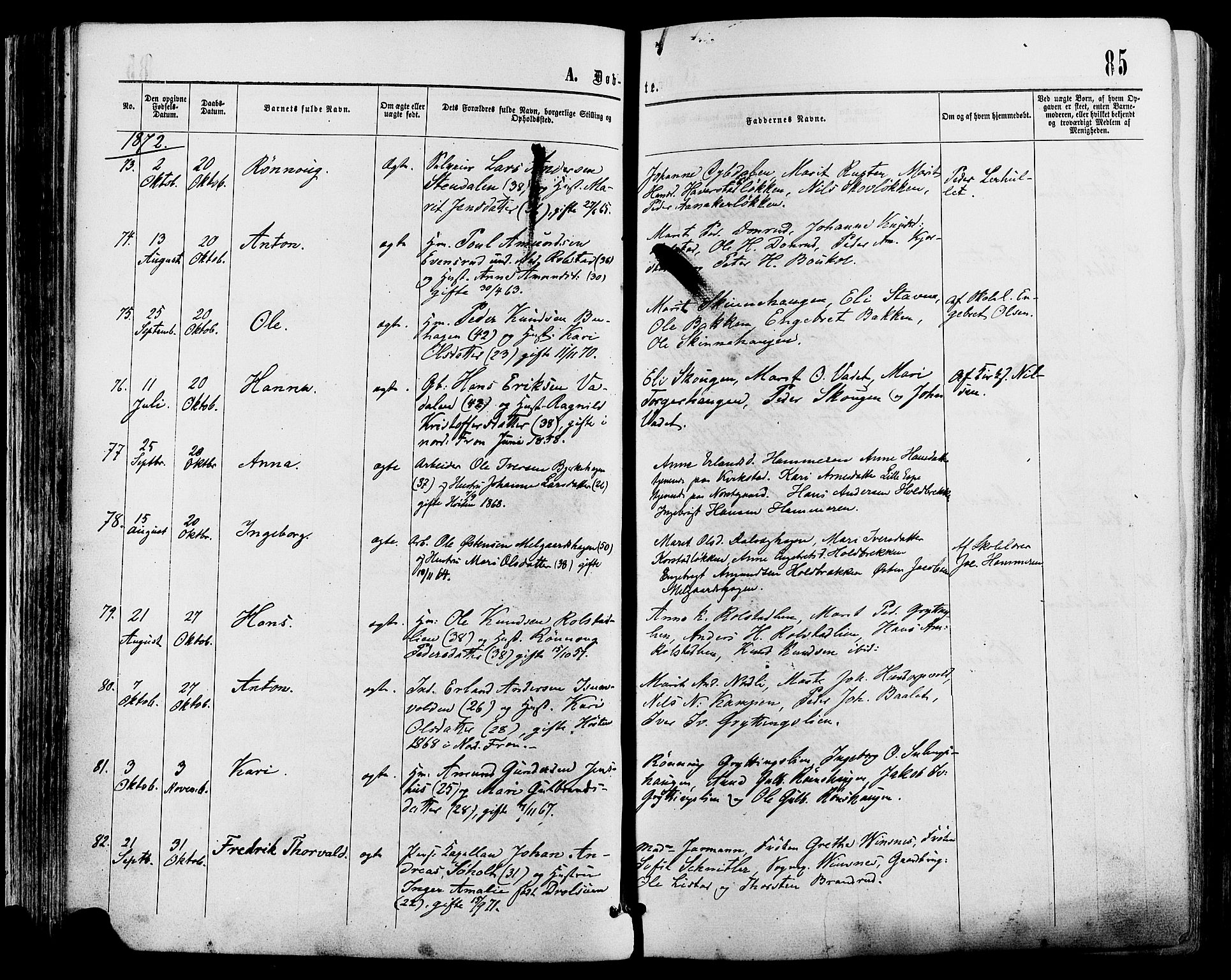 Sør-Fron prestekontor, AV/SAH-PREST-010/H/Ha/Haa/L0002: Parish register (official) no. 2, 1864-1880, p. 85