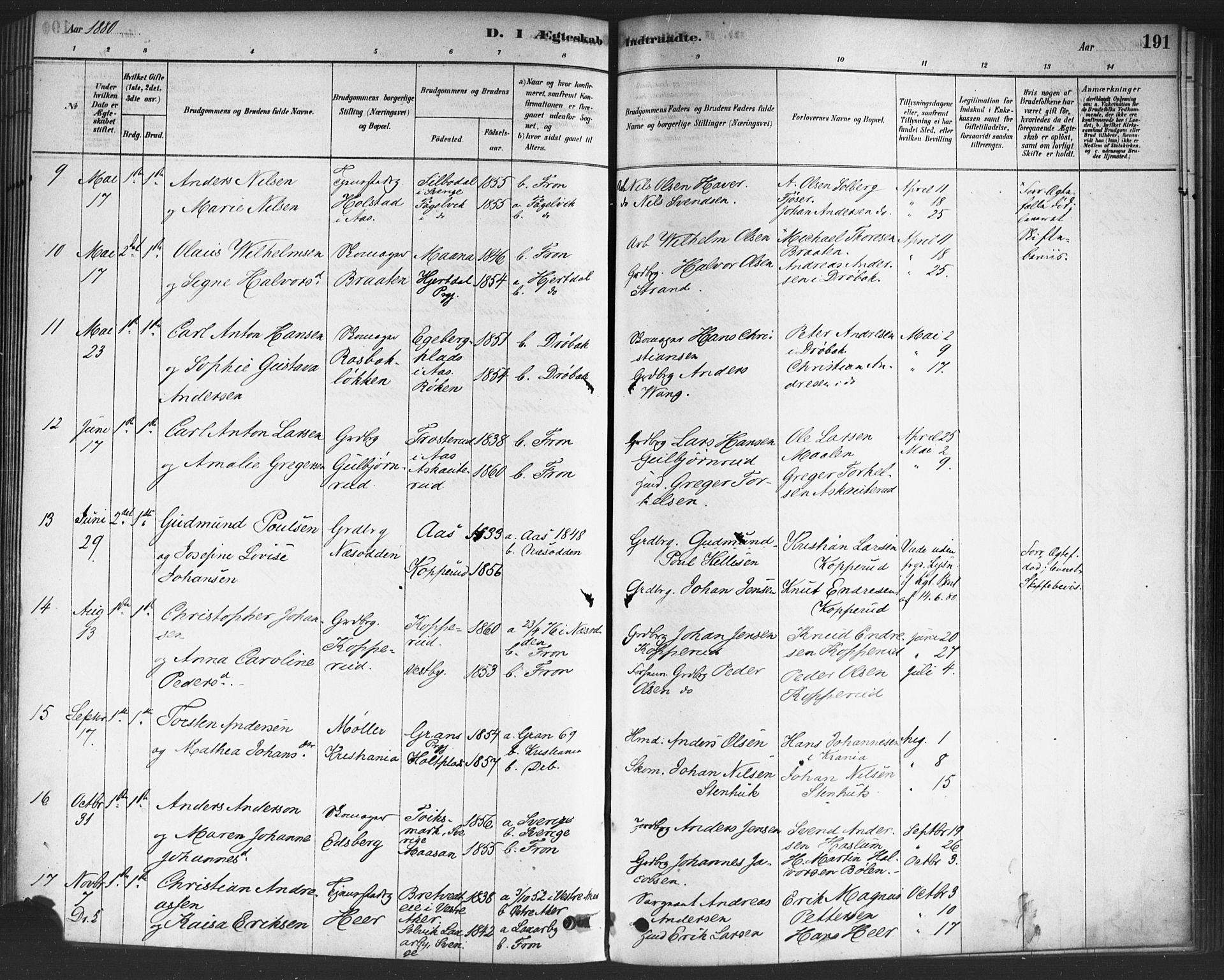 Drøbak prestekontor Kirkebøker, AV/SAO-A-10142a/F/Fc/L0002: Parish register (official) no. III 2, 1878-1891, p. 191