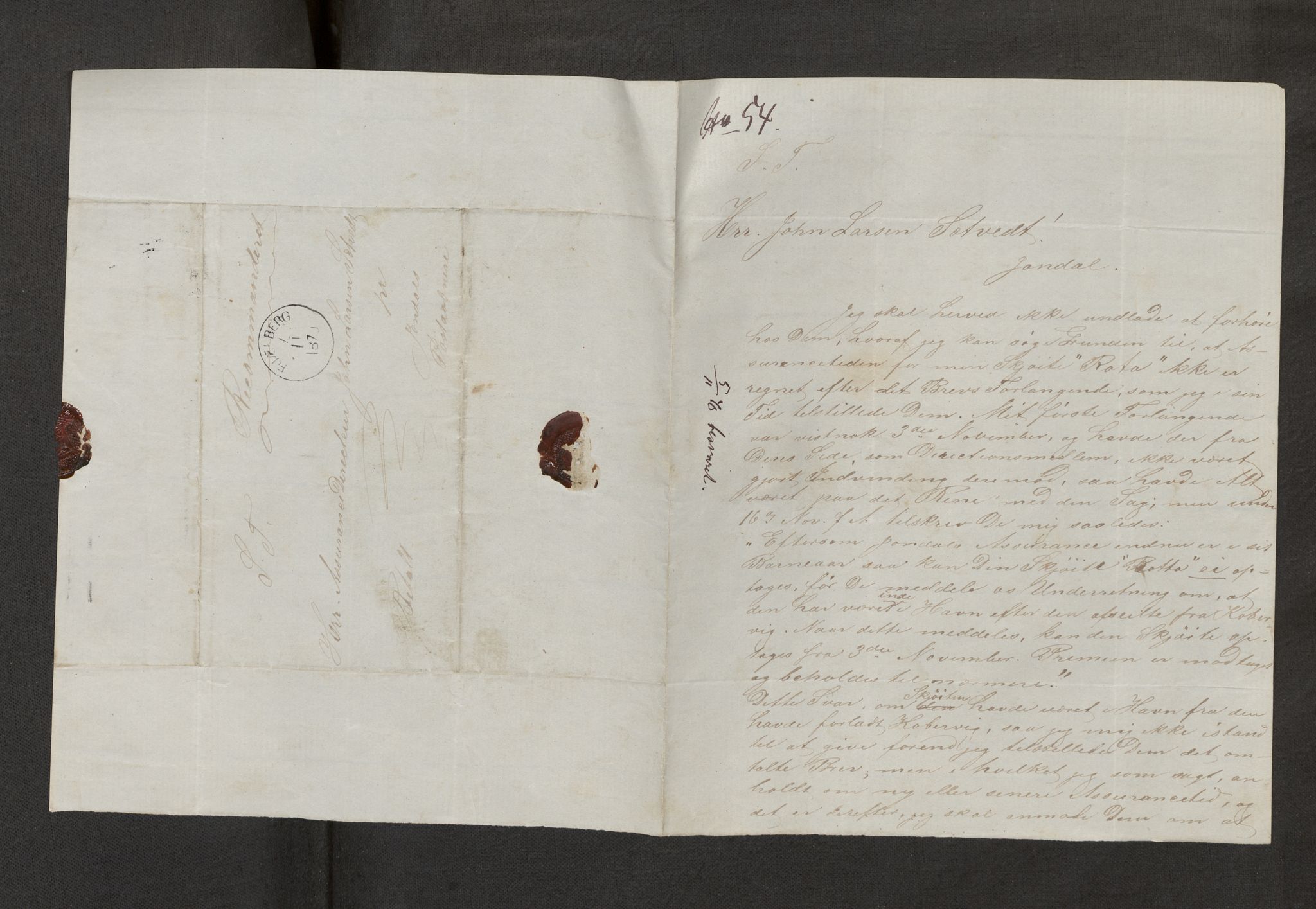 Jondal Skipsassuranseforening, AV/SAB-SAB/PA-0276/E/L0062: Korrespondanse , 1870