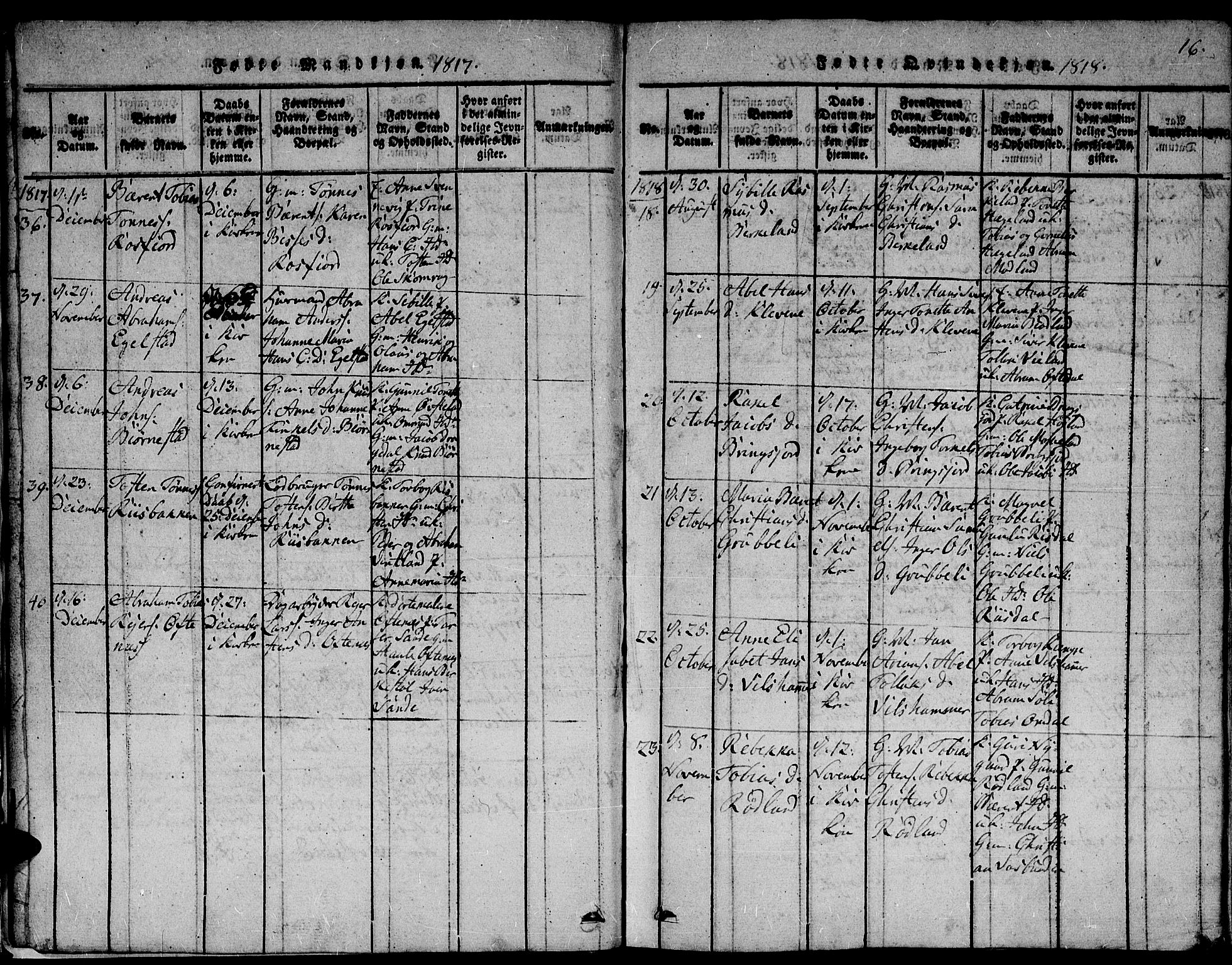 Lyngdal sokneprestkontor, AV/SAK-1111-0029/F/Fb/Fbc/L0001: Parish register (copy) no. B 1, 1815-1844, p. 16