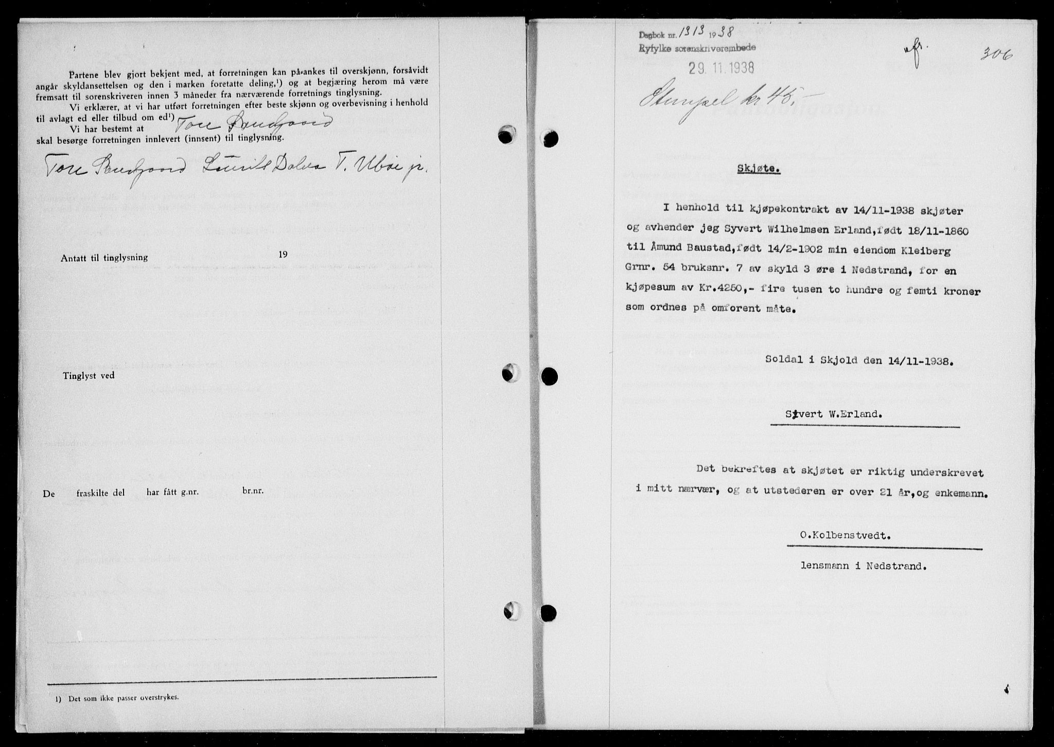 Ryfylke tingrett, SAST/A-100055/001/II/IIB/L0078: Mortgage book no. 57, 1938-1938, Diary no: : 1313/1938
