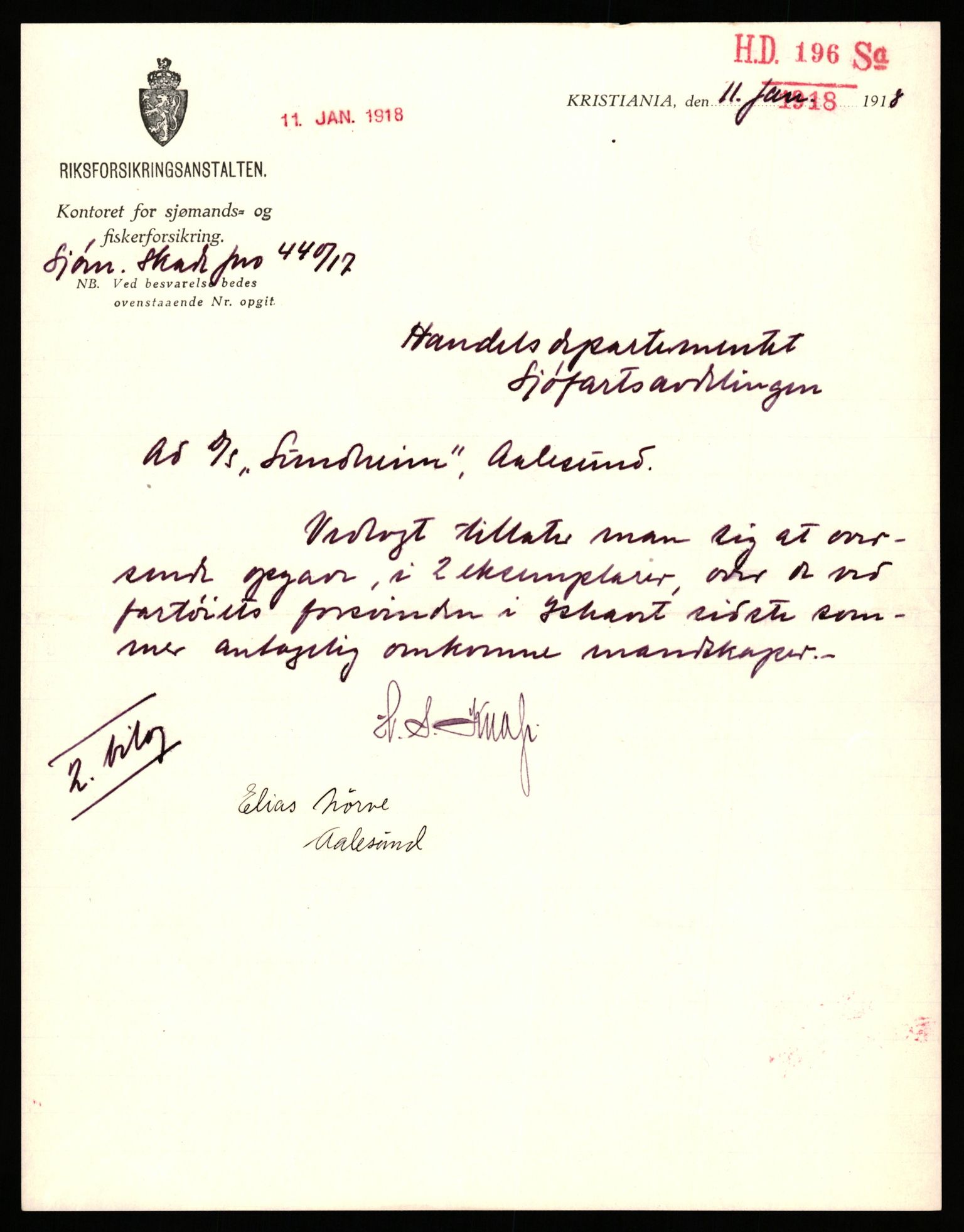 Handelsdepartementet, Sjøfartsavdelingen, 1. sjømannskontor, AV/RA-S-1405/D/Dm/L0010: Forliste skip Lar - Min, 1906-1920, p. 440