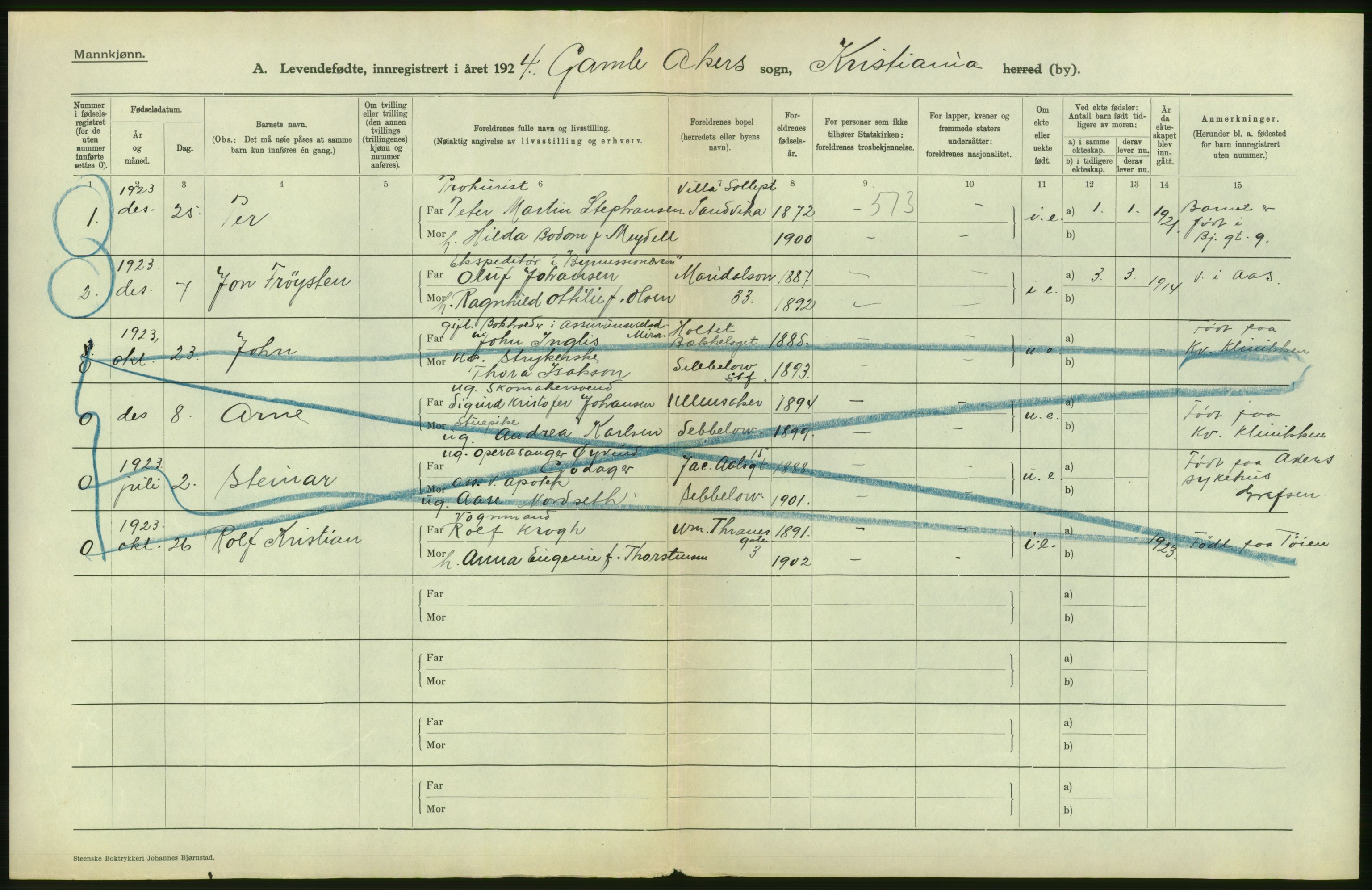 Statistisk sentralbyrå, Sosiodemografiske emner, Befolkning, AV/RA-S-2228/D/Df/Dfc/Dfcd/L0005: Kristiania: Levendefødte menn., 1924, p. 2