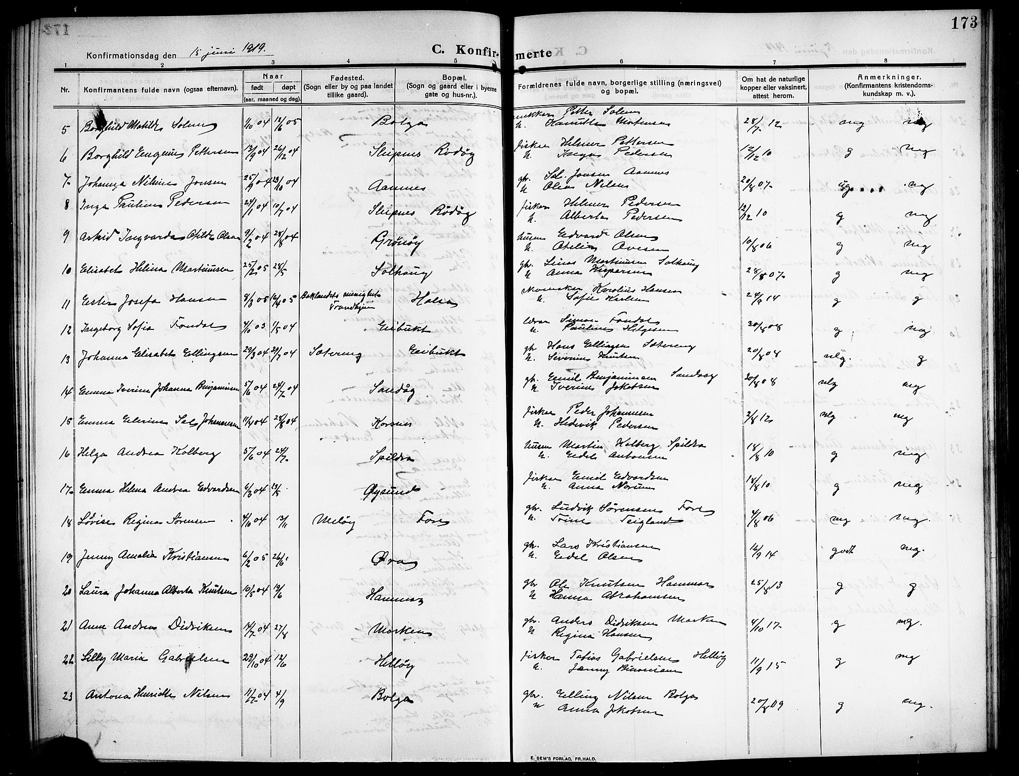 Ministerialprotokoller, klokkerbøker og fødselsregistre - Nordland, SAT/A-1459/843/L0639: Parish register (copy) no. 843C08, 1908-1924, p. 173