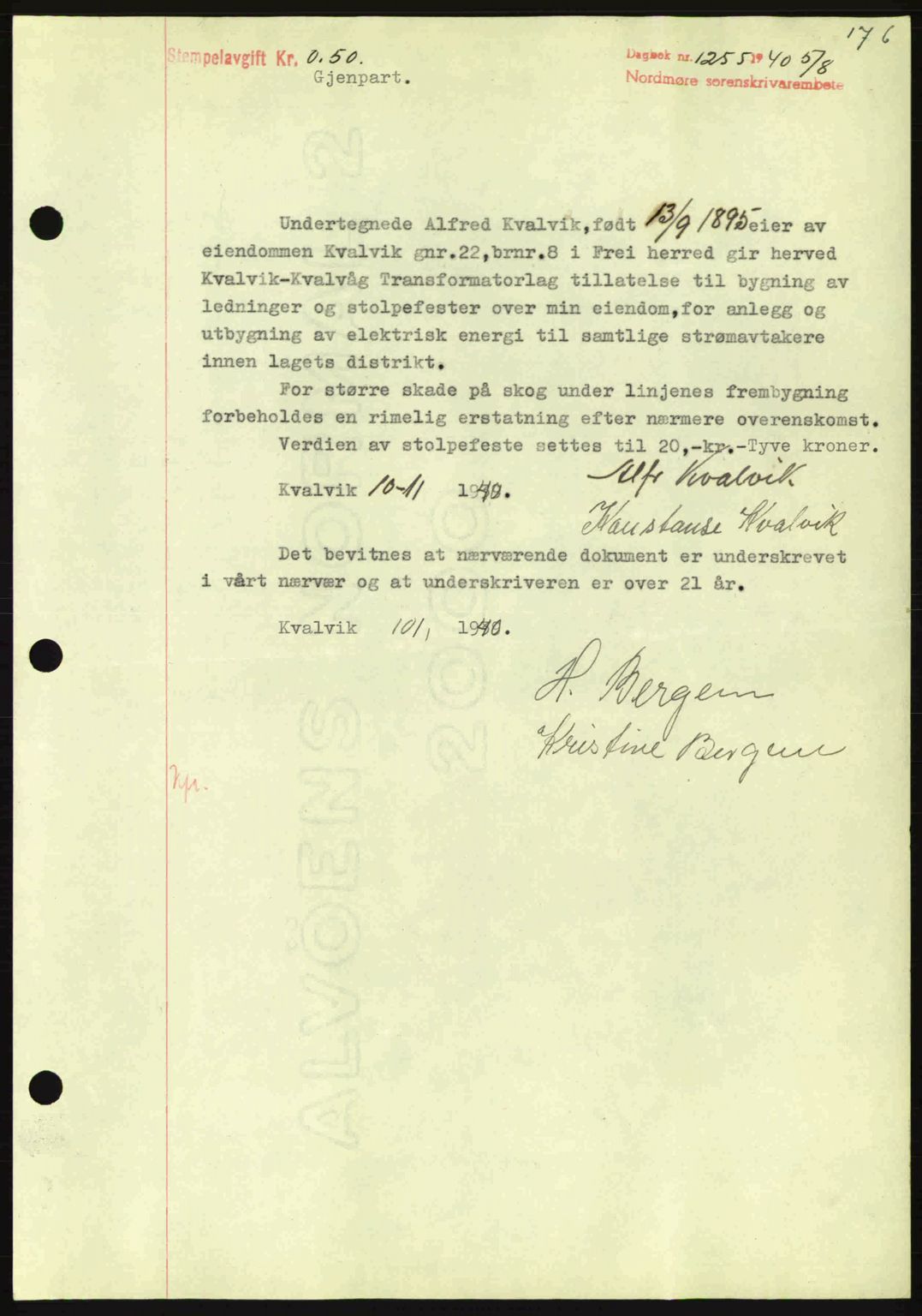 Nordmøre sorenskriveri, AV/SAT-A-4132/1/2/2Ca: Mortgage book no. B87, 1940-1941, Diary no: : 1255/1940