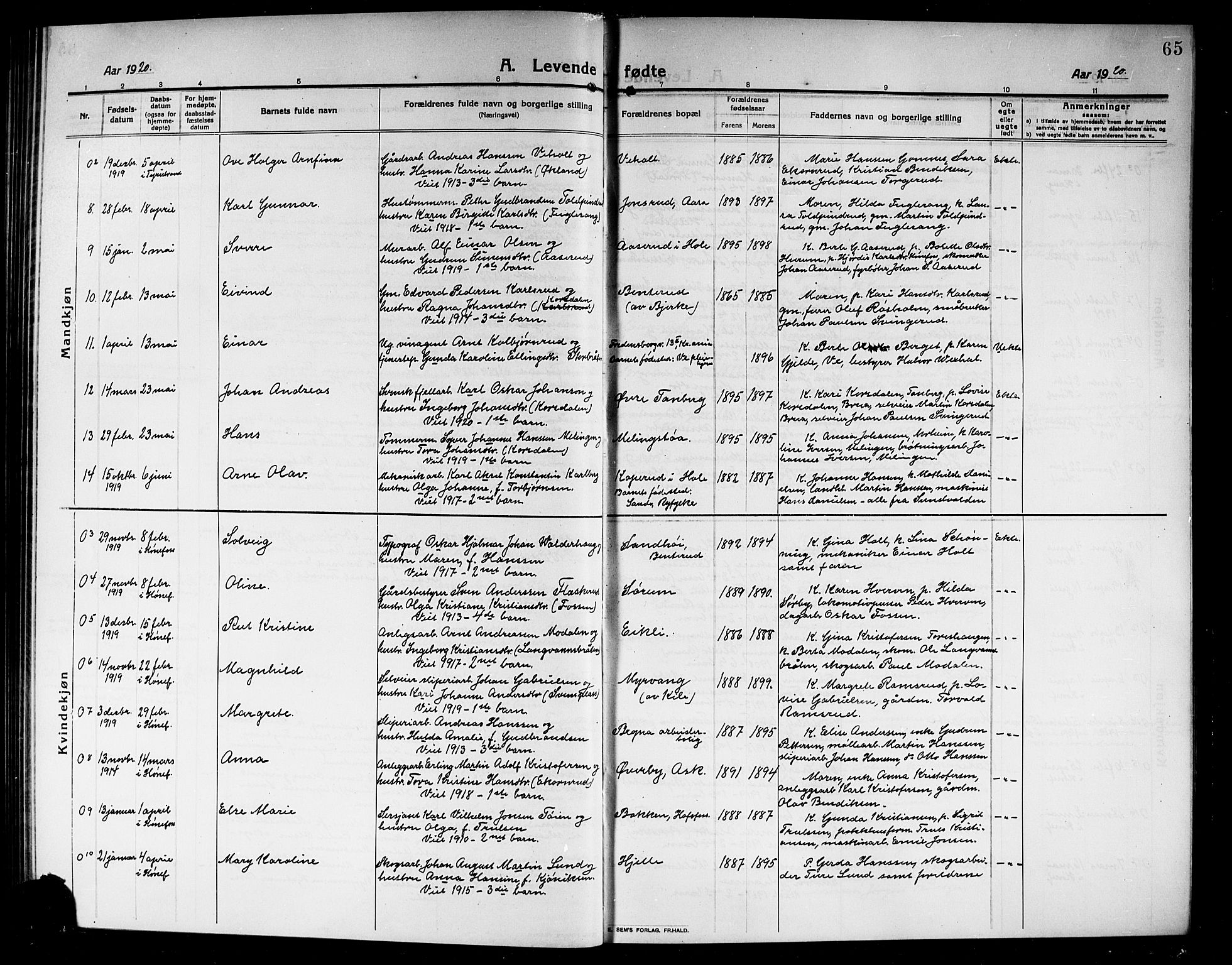 Norderhov kirkebøker, SAKO/A-237/G/Ga/L0009: Parish register (copy) no. I 9, 1913-1920, p. 65