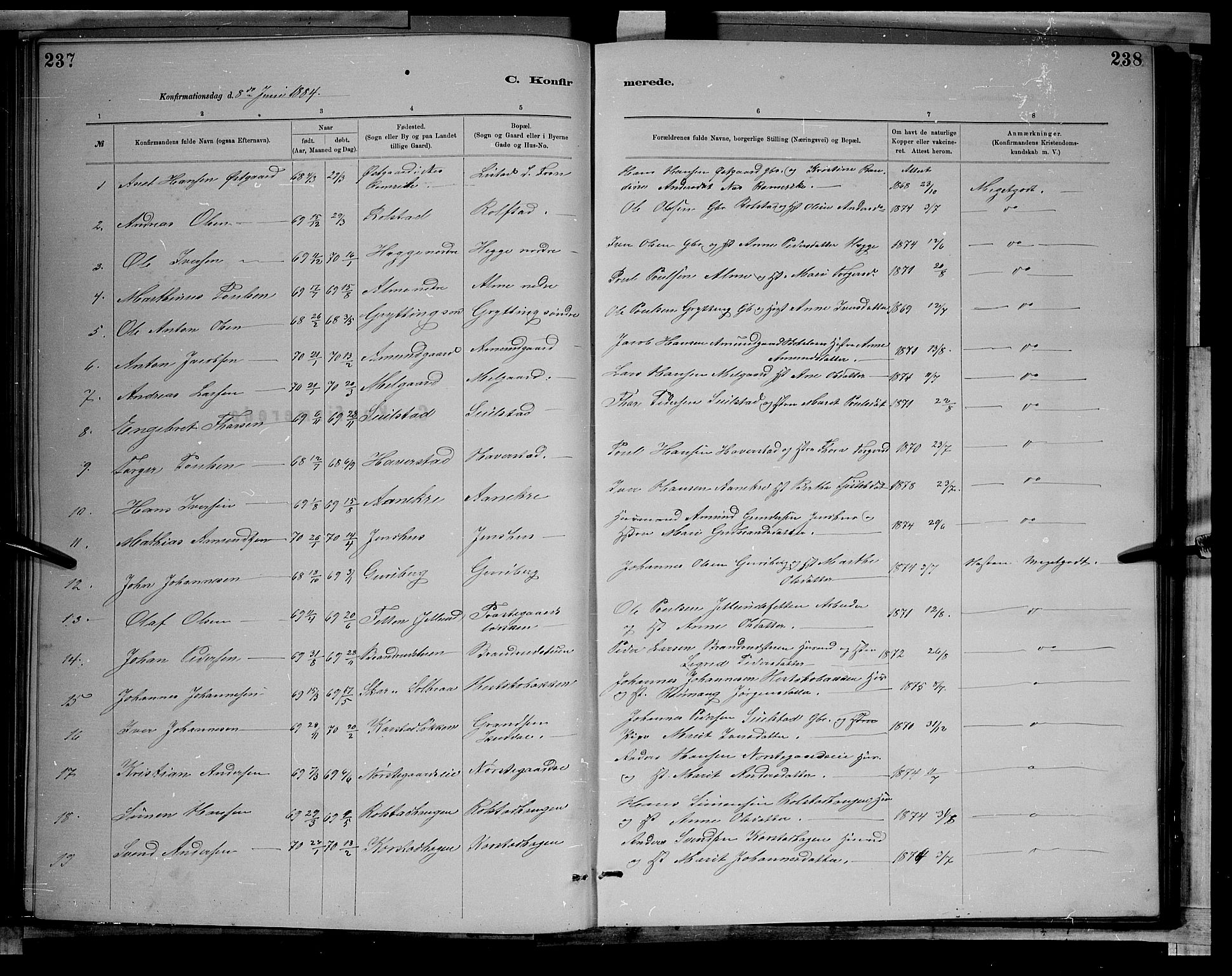 Sør-Fron prestekontor, SAH/PREST-010/H/Ha/Hab/L0003: Parish register (copy) no. 3, 1884-1896, p. 237-238