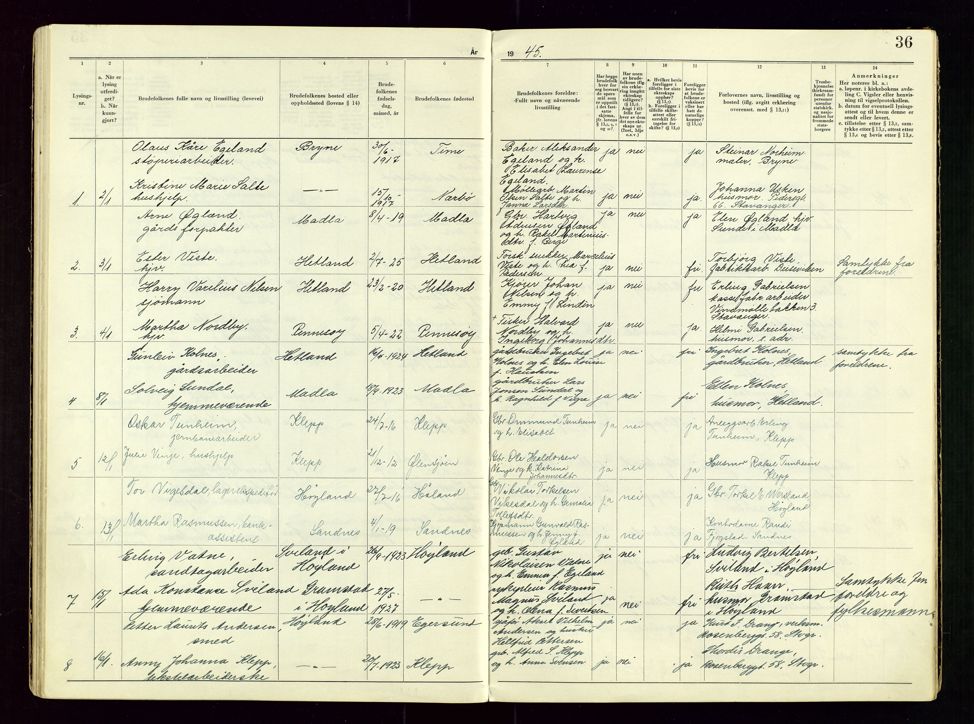 Sandnes sorenskriveri, AV/SAST-A-100312/02/I/Ic/L0001: Vigsel (Lysingsbok), 1944-1954, p. 36
