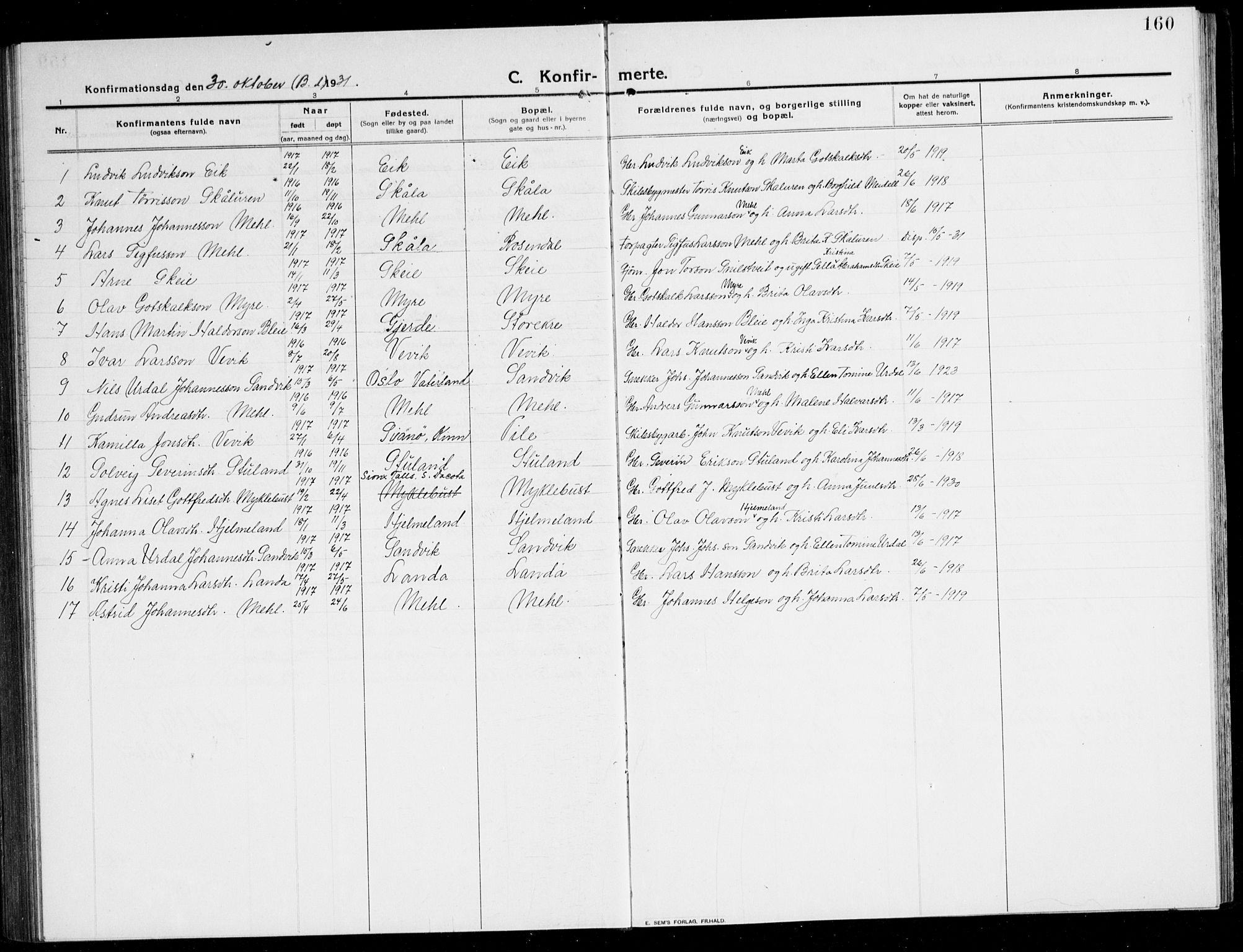 Kvinnherad sokneprestembete, SAB/A-76401/H/Hab: Parish register (copy) no. A 3, 1911-1945, p. 160