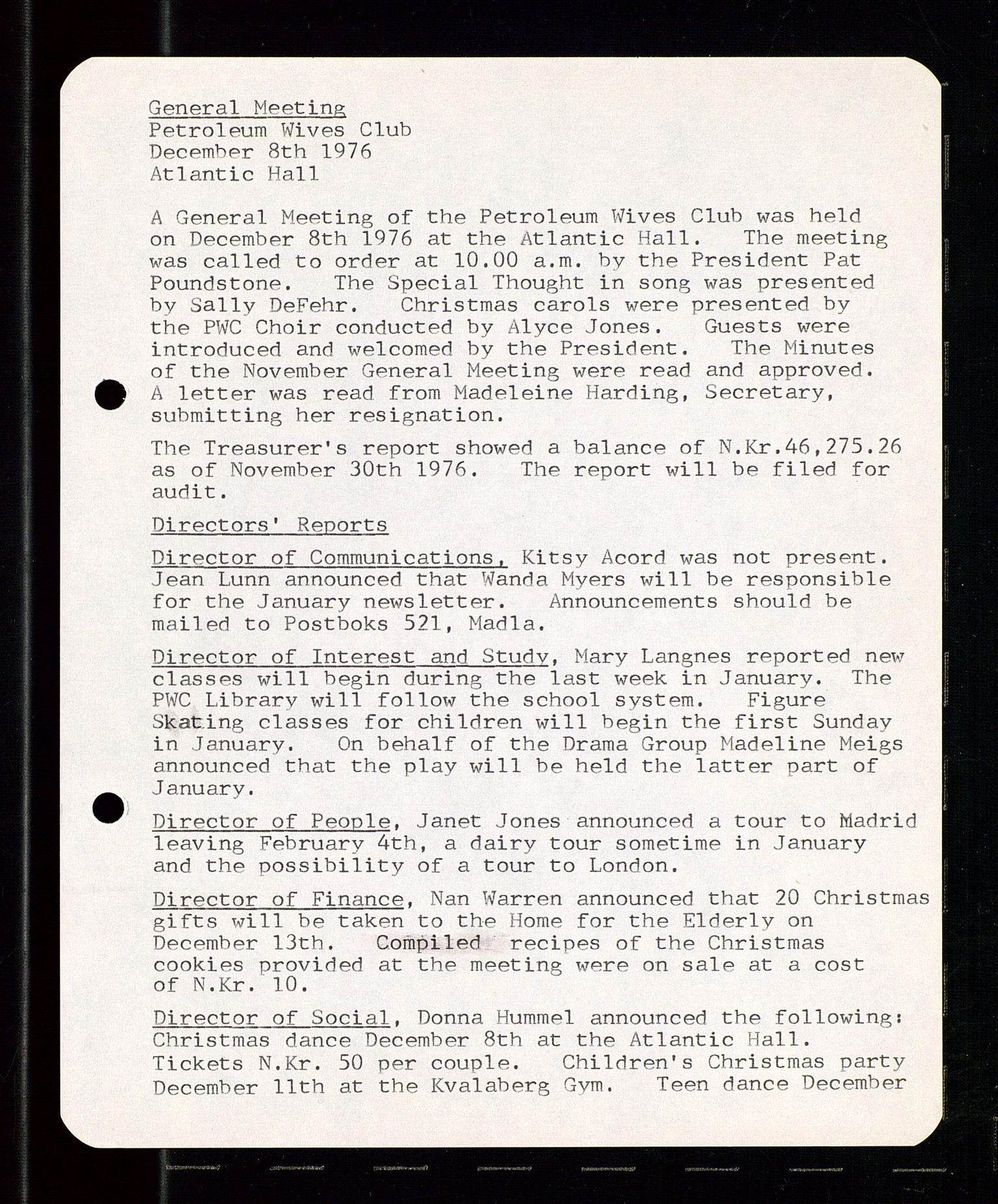 PA 1547 - Petroleum Wives Club, SAST/A-101974/A/Aa/L0001: Board and General Meeting, 1970-1983