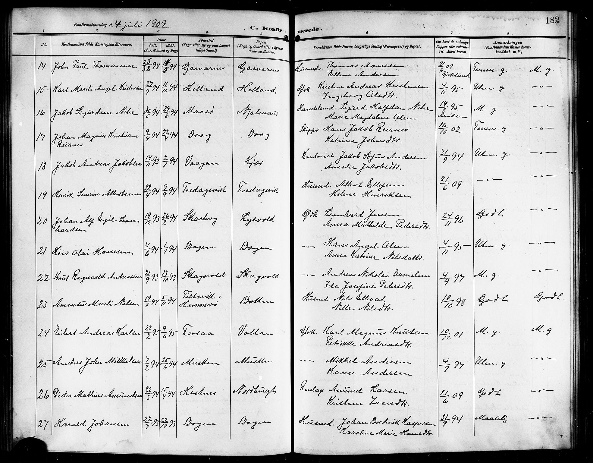 Ministerialprotokoller, klokkerbøker og fødselsregistre - Nordland, SAT/A-1459/861/L0877: Parish register (copy) no. 861C03, 1903-1919, p. 182