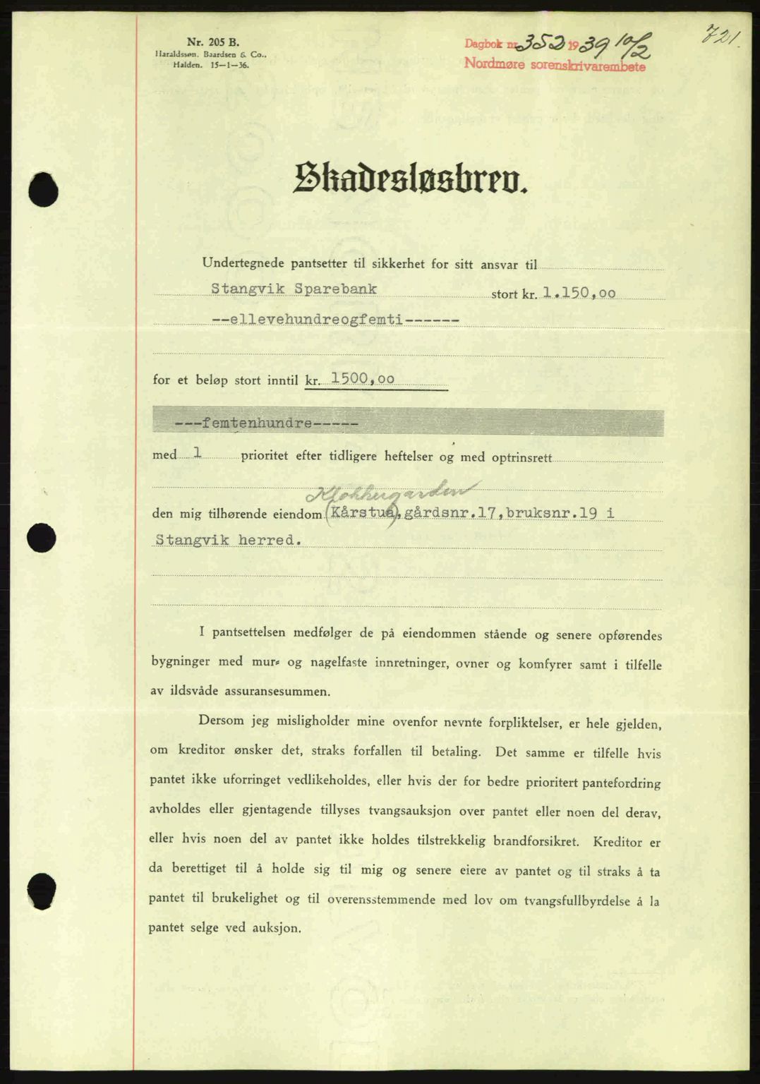 Nordmøre sorenskriveri, SAT/A-4132/1/2/2Ca: Mortgage book no. B84, 1938-1939, Diary no: : 352/1939