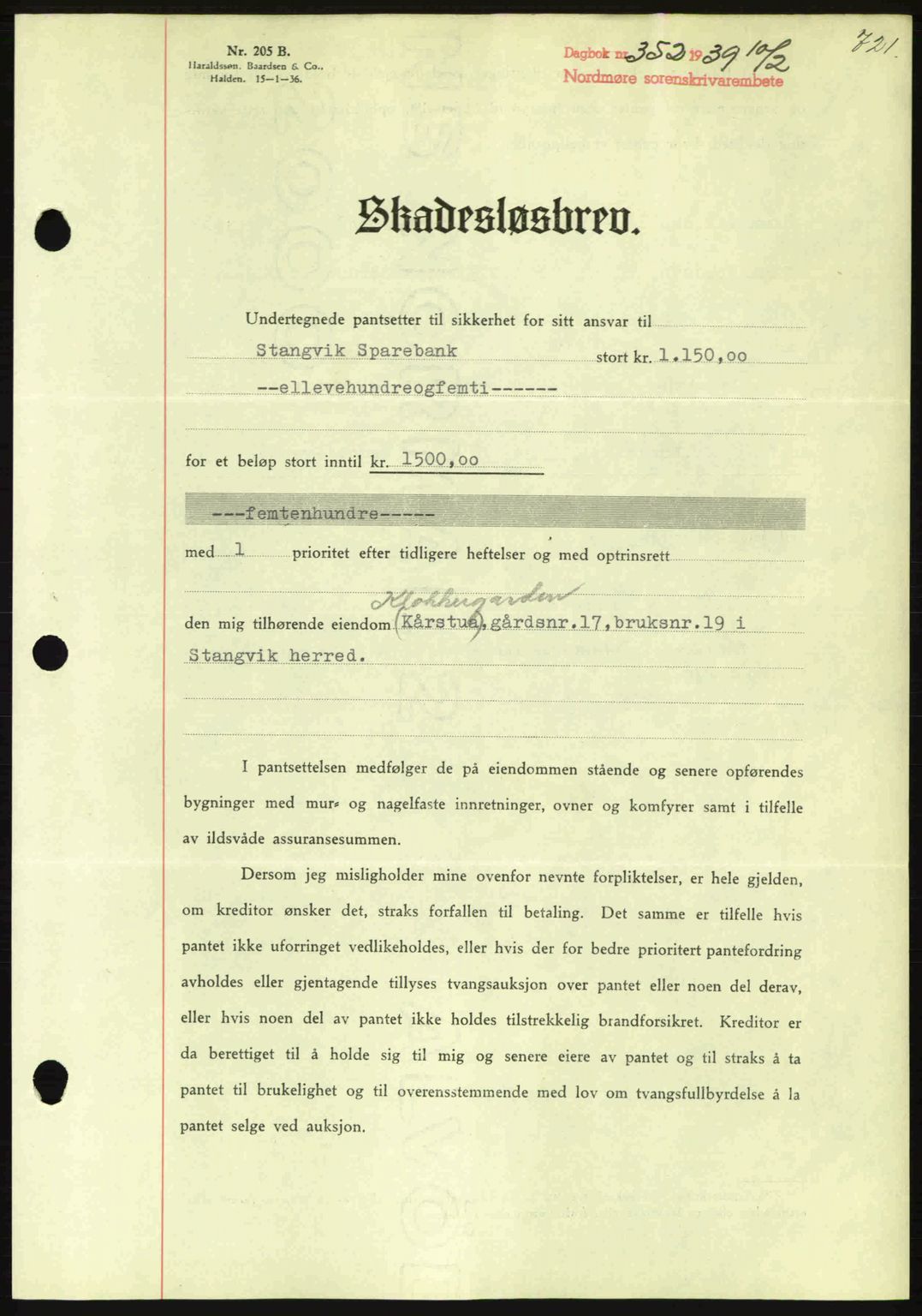 Nordmøre sorenskriveri, AV/SAT-A-4132/1/2/2Ca: Mortgage book no. B84, 1938-1939, Diary no: : 352/1939