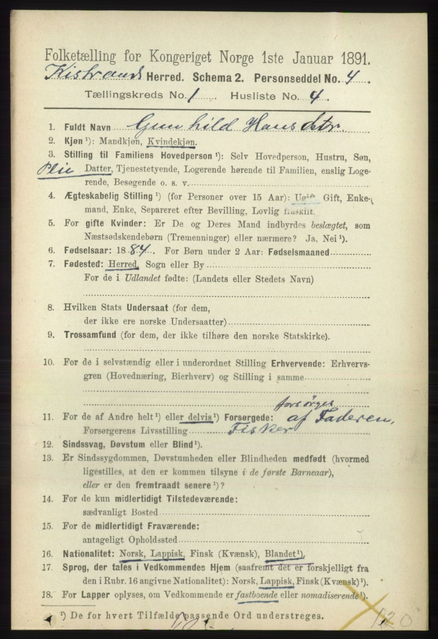 RA, 1891 census for 2020 Kistrand, 1891, p. 104