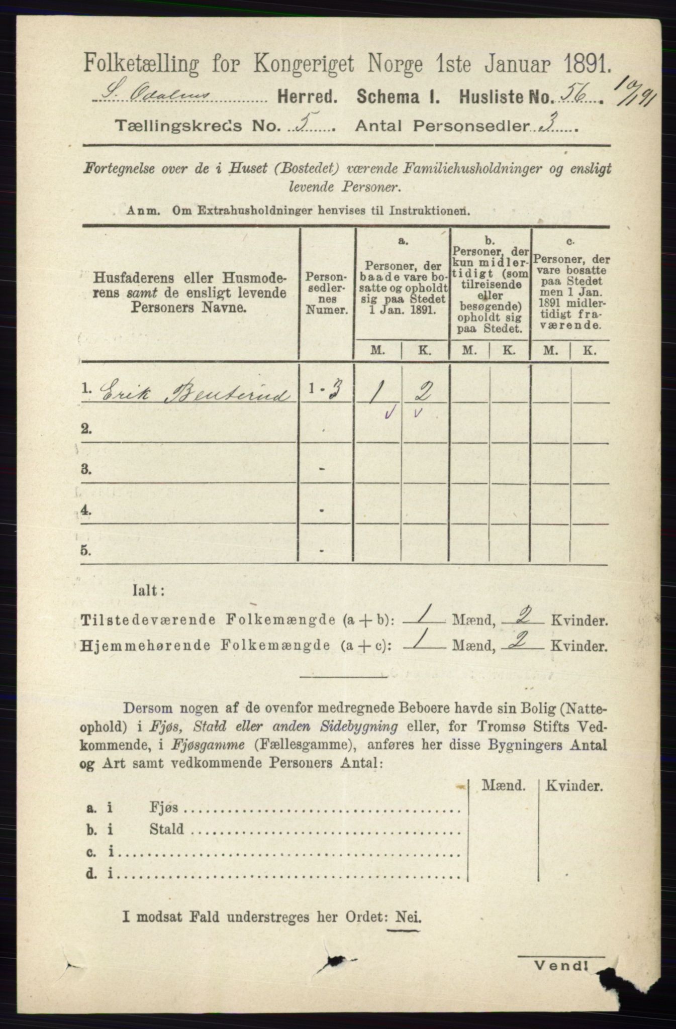 RA, 1891 census for 0419 Sør-Odal, 1891, p. 2326