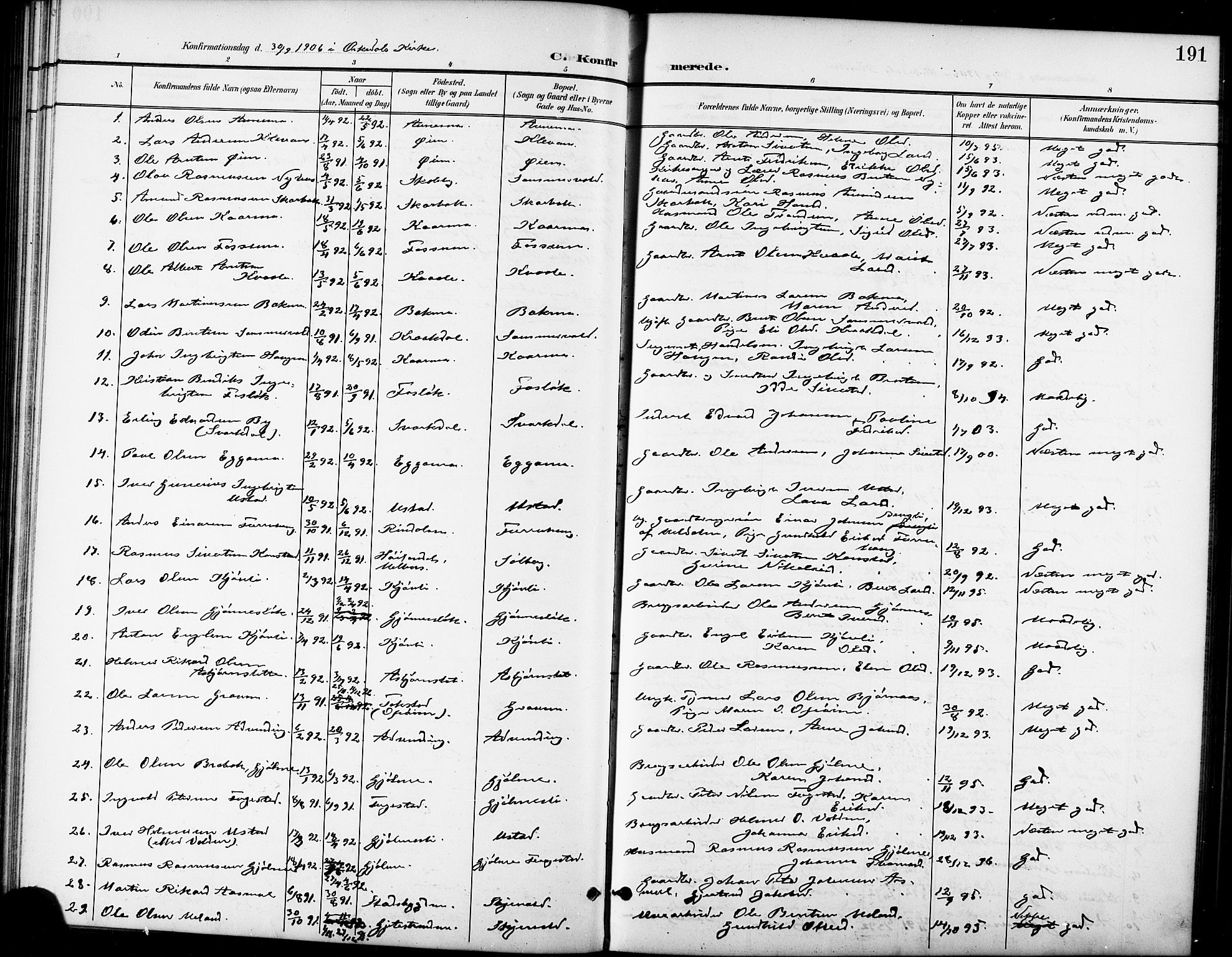 Ministerialprotokoller, klokkerbøker og fødselsregistre - Sør-Trøndelag, SAT/A-1456/668/L0819: Parish register (copy) no. 668C08, 1899-1912, p. 191