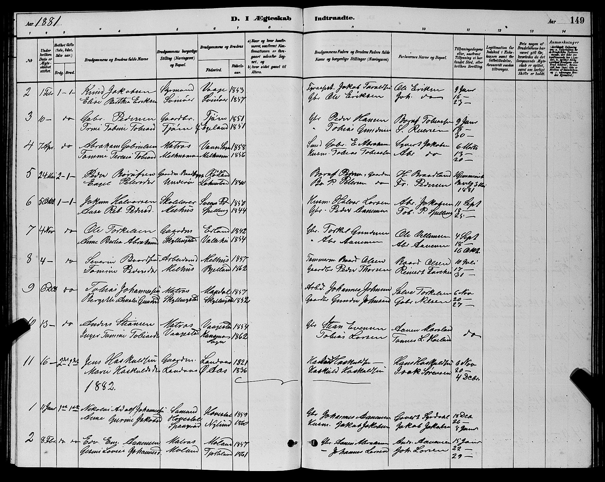 Sør-Audnedal sokneprestkontor, AV/SAK-1111-0039/F/Fb/Fbb/L0005: Parish register (copy) no. B 5, 1880-1892, p. 149