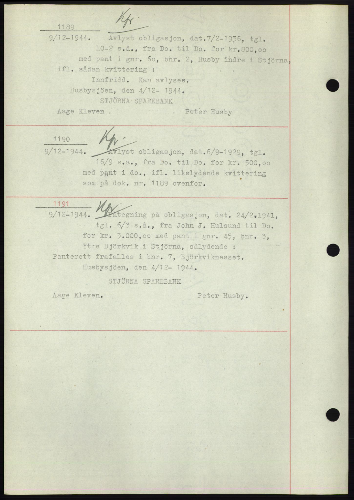 Fosen sorenskriveri, AV/SAT-A-1107/1/2/2C: Mortgage book no. B1, 1943-1946, Diary no: : 1189/1944