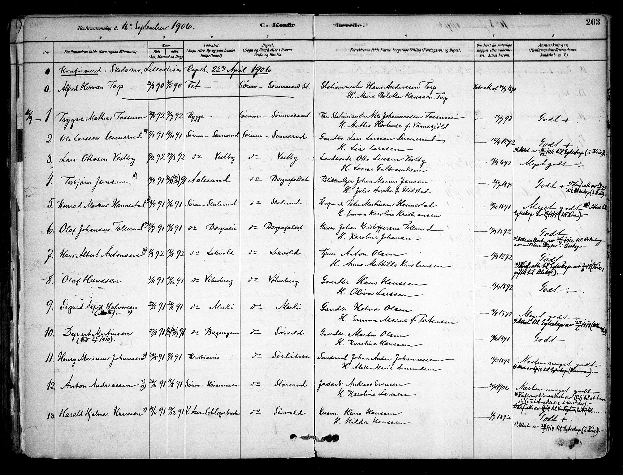 Sørum prestekontor Kirkebøker, AV/SAO-A-10303/F/Fa/L0007: Parish register (official) no. I 7, 1878-1914, p. 263