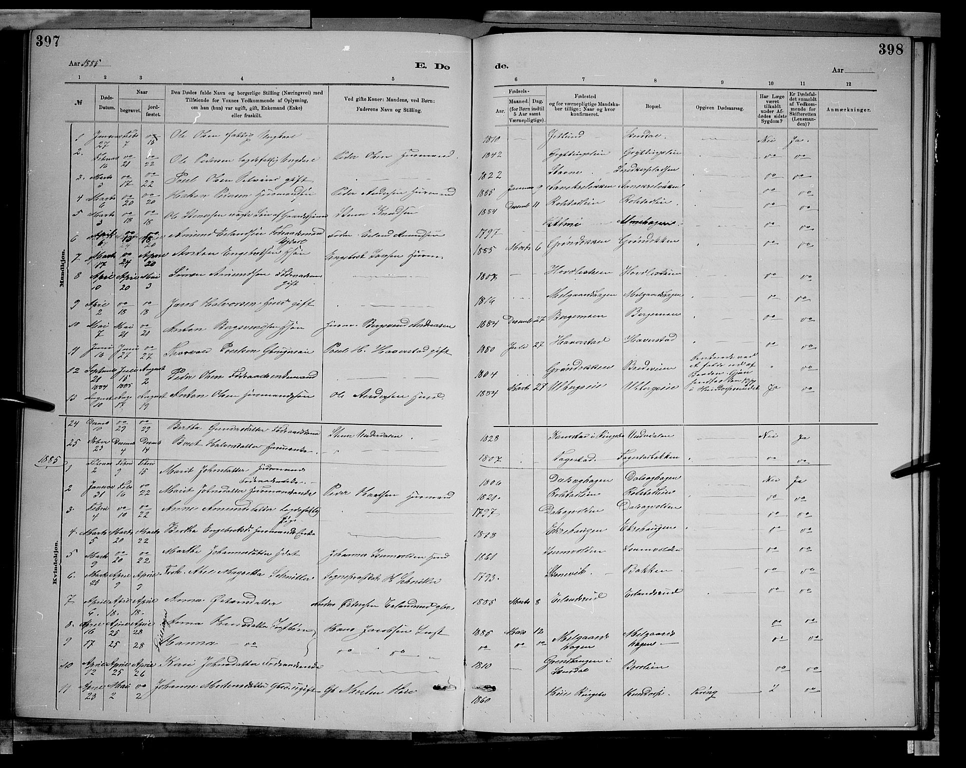 Sør-Fron prestekontor, AV/SAH-PREST-010/H/Ha/Hab/L0003: Parish register (copy) no. 3, 1884-1896, p. 397-398