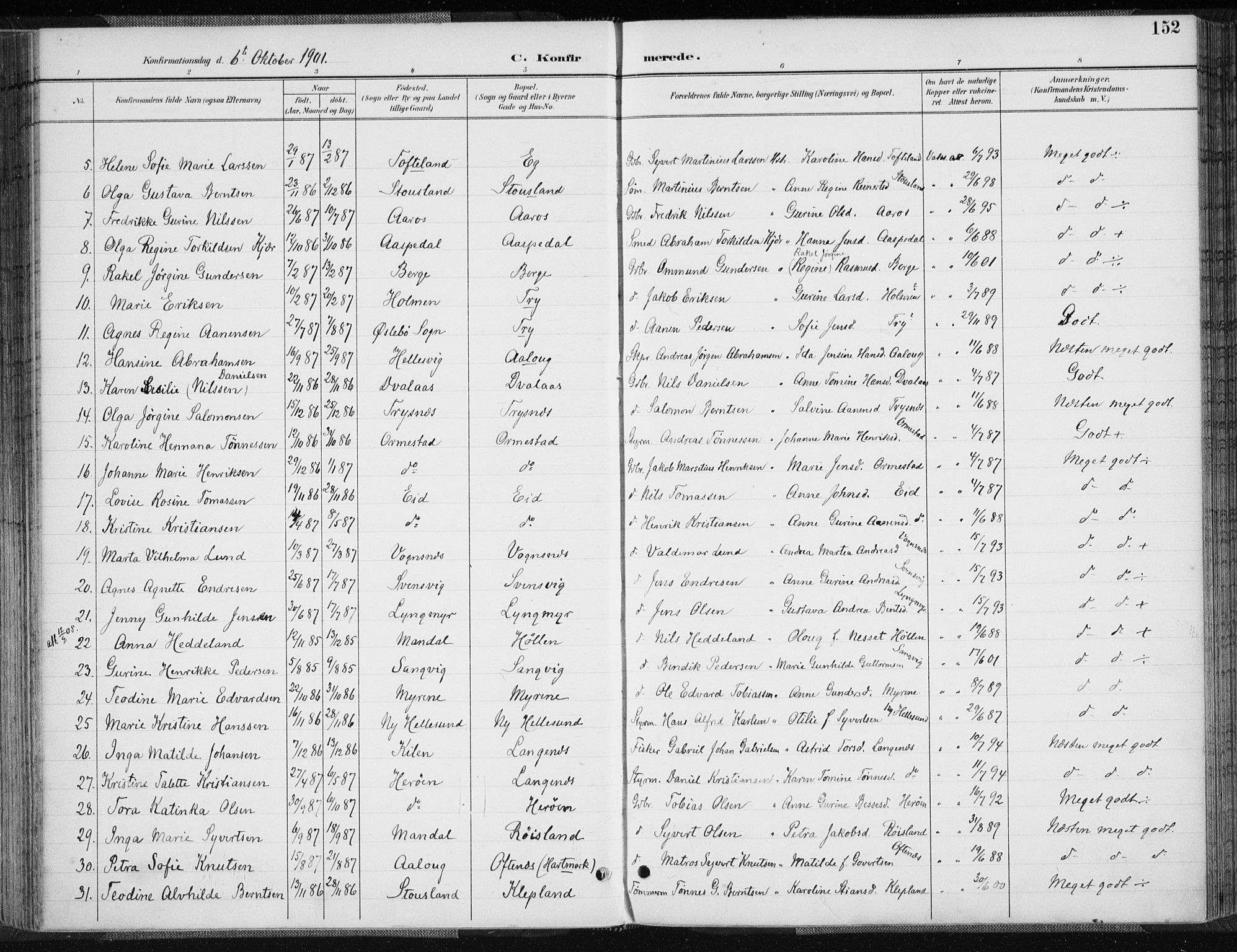 Søgne sokneprestkontor, SAK/1111-0037/F/Fa/Fab/L0013: Parish register (official) no. A 13, 1892-1911, p. 152