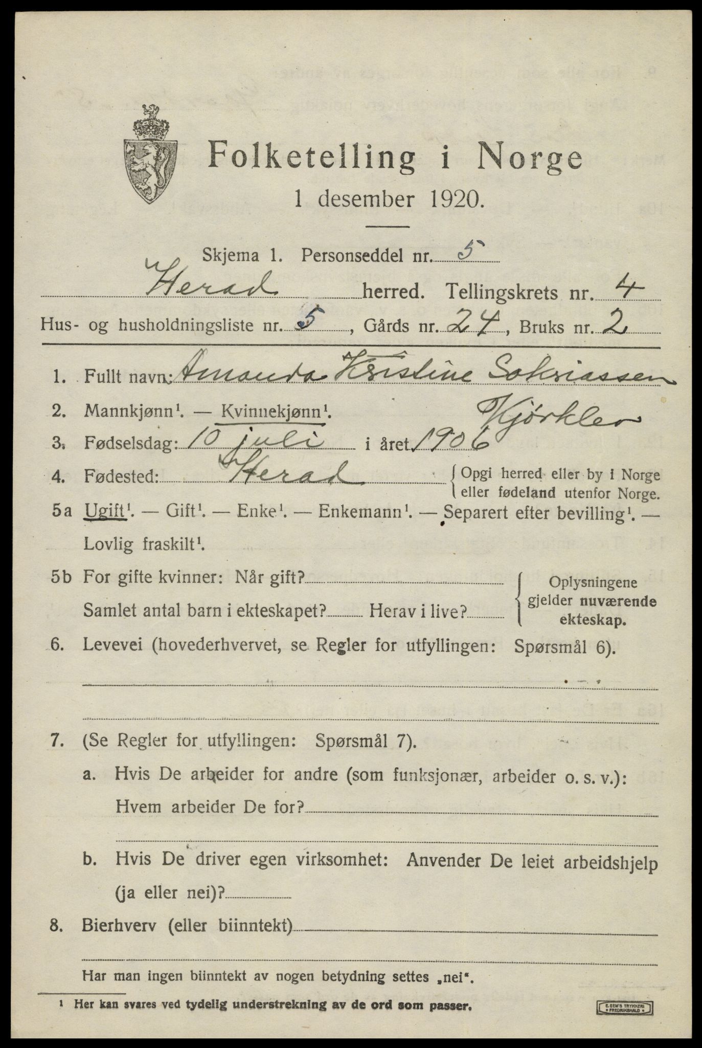 SAK, 1920 census for Herad, 1920, p. 1772