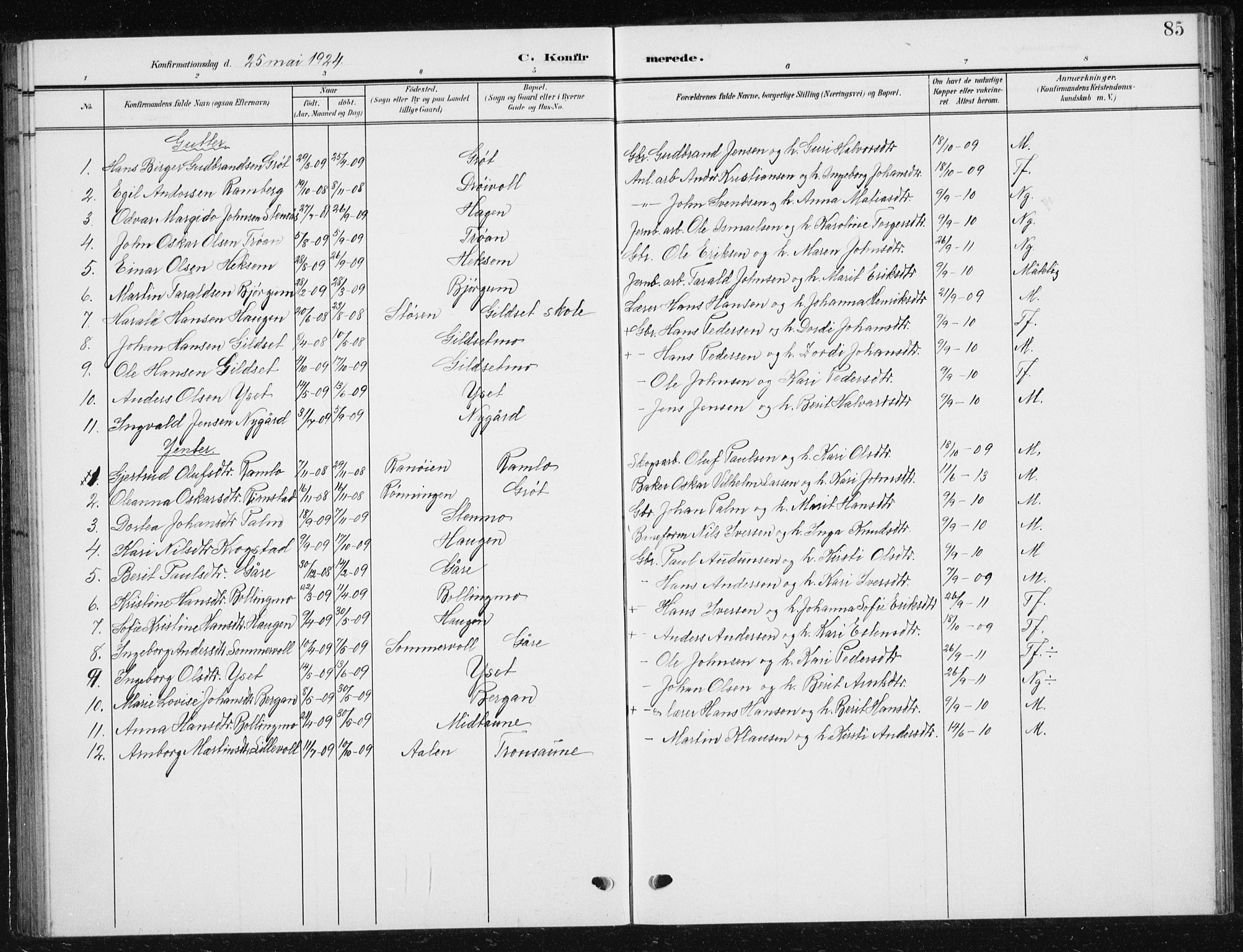 Ministerialprotokoller, klokkerbøker og fødselsregistre - Sør-Trøndelag, SAT/A-1456/685/L0979: Parish register (copy) no. 685C04, 1908-1933, p. 85