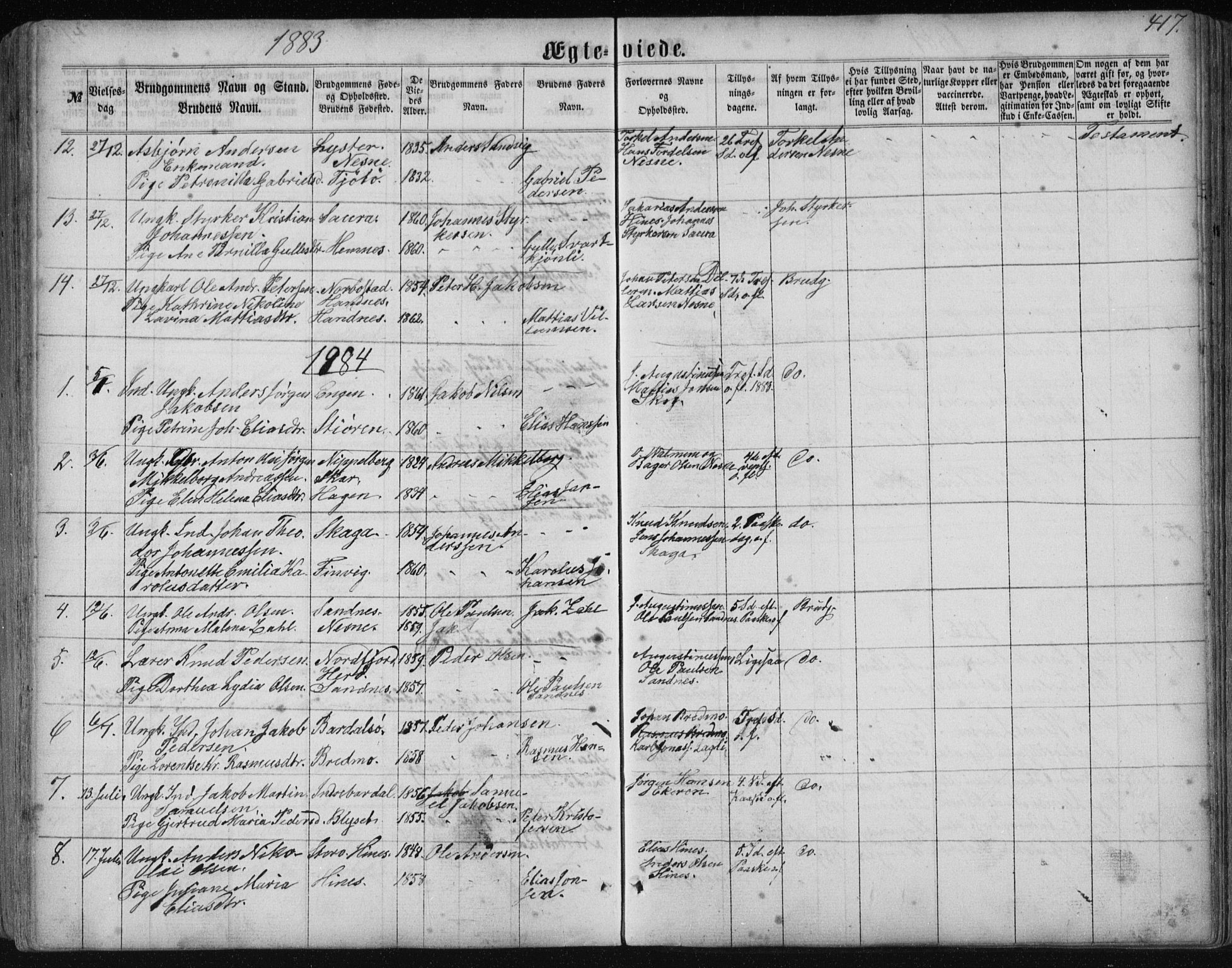 Ministerialprotokoller, klokkerbøker og fødselsregistre - Nordland, AV/SAT-A-1459/838/L0556: Parish register (copy) no. 838C03, 1861-1893, p. 417