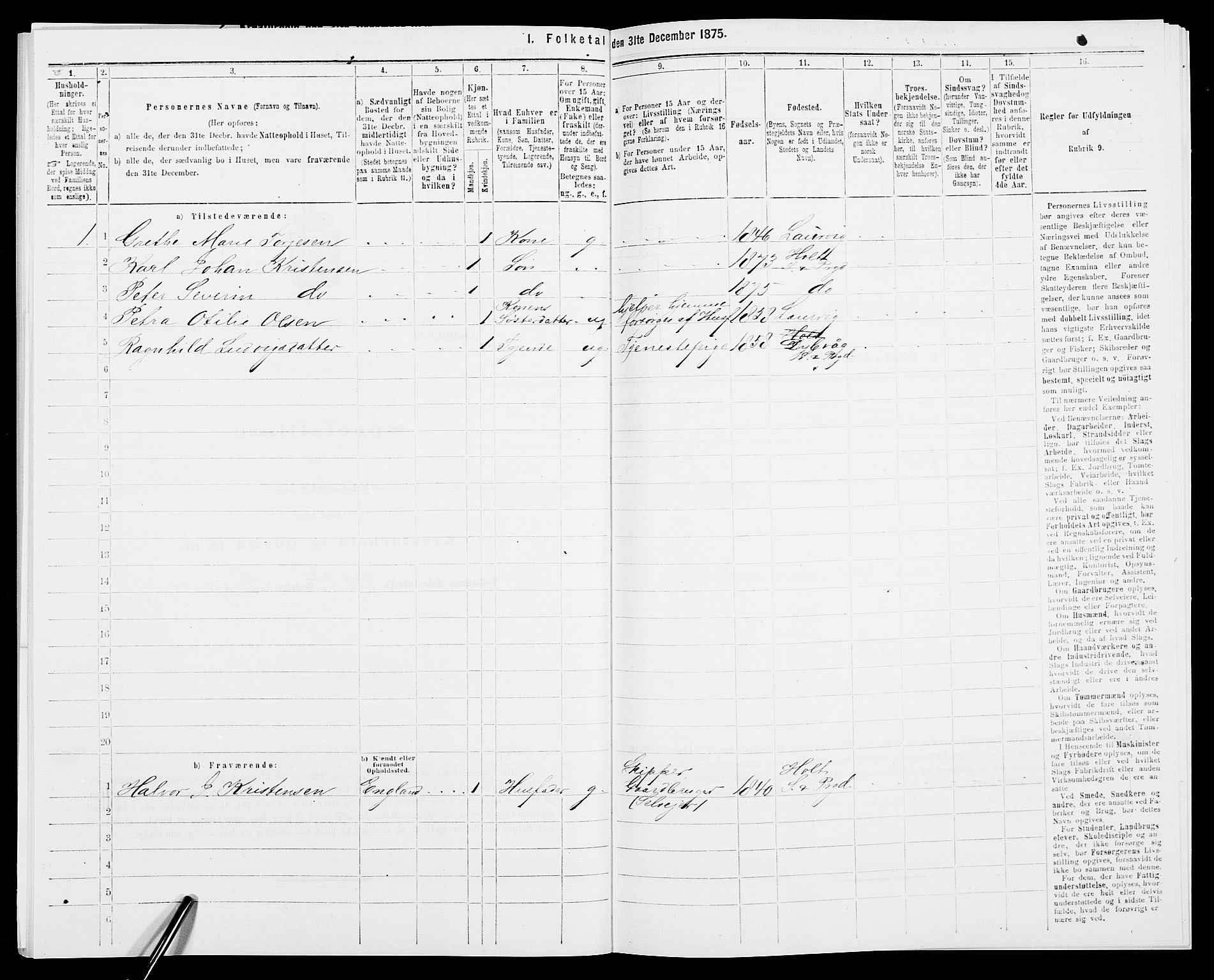 SAK, 1875 census for 0914L Holt/Holt, 1875, p. 1031