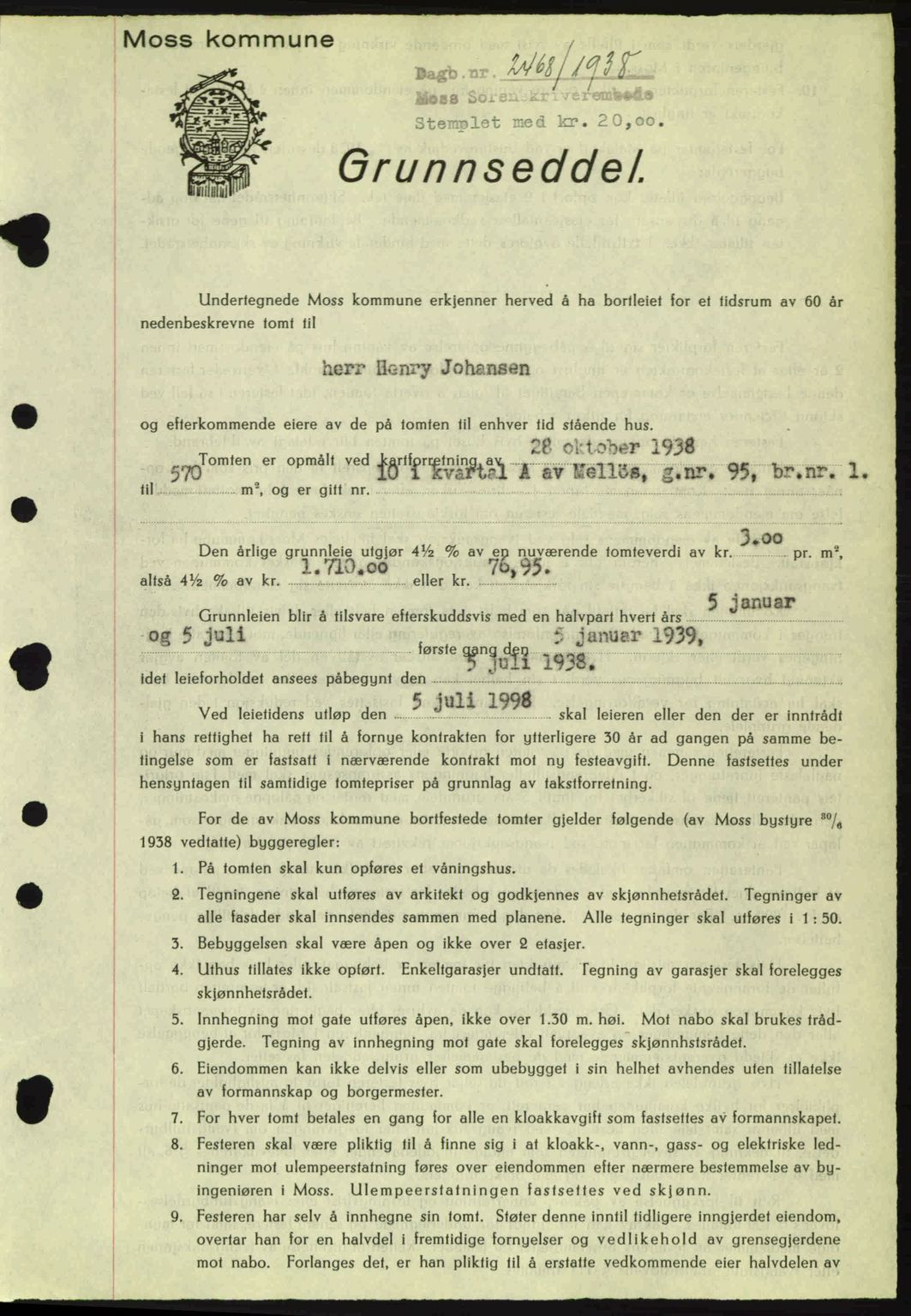 Moss sorenskriveri, SAO/A-10168: Mortgage book no. A5, 1938-1939, Diary no: : 2468/1938