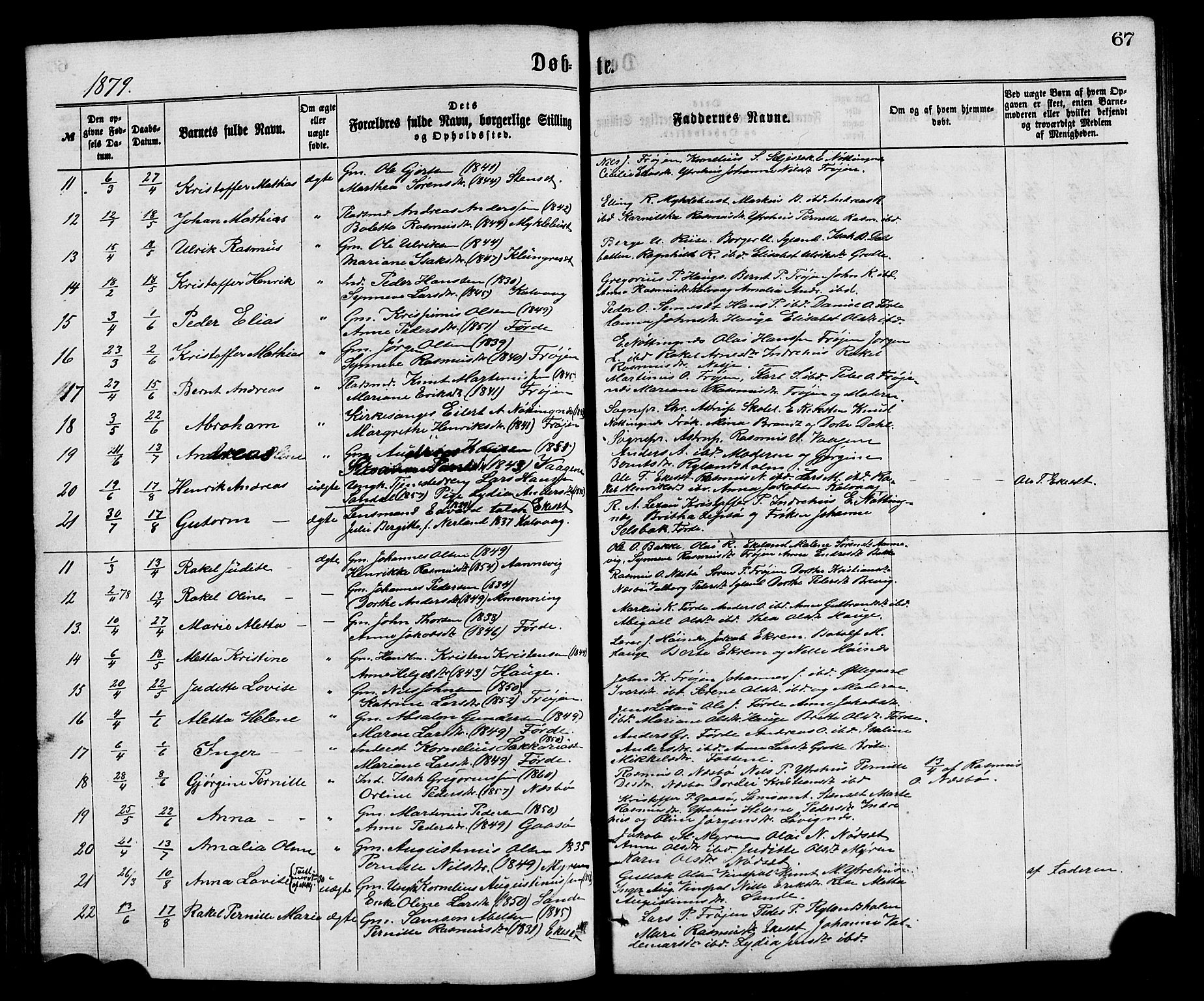 Bremanger sokneprestembete, SAB/A-82201/H/Hab/Haba/L0002: Parish register (copy) no. A 2, 1866-1889, p. 67