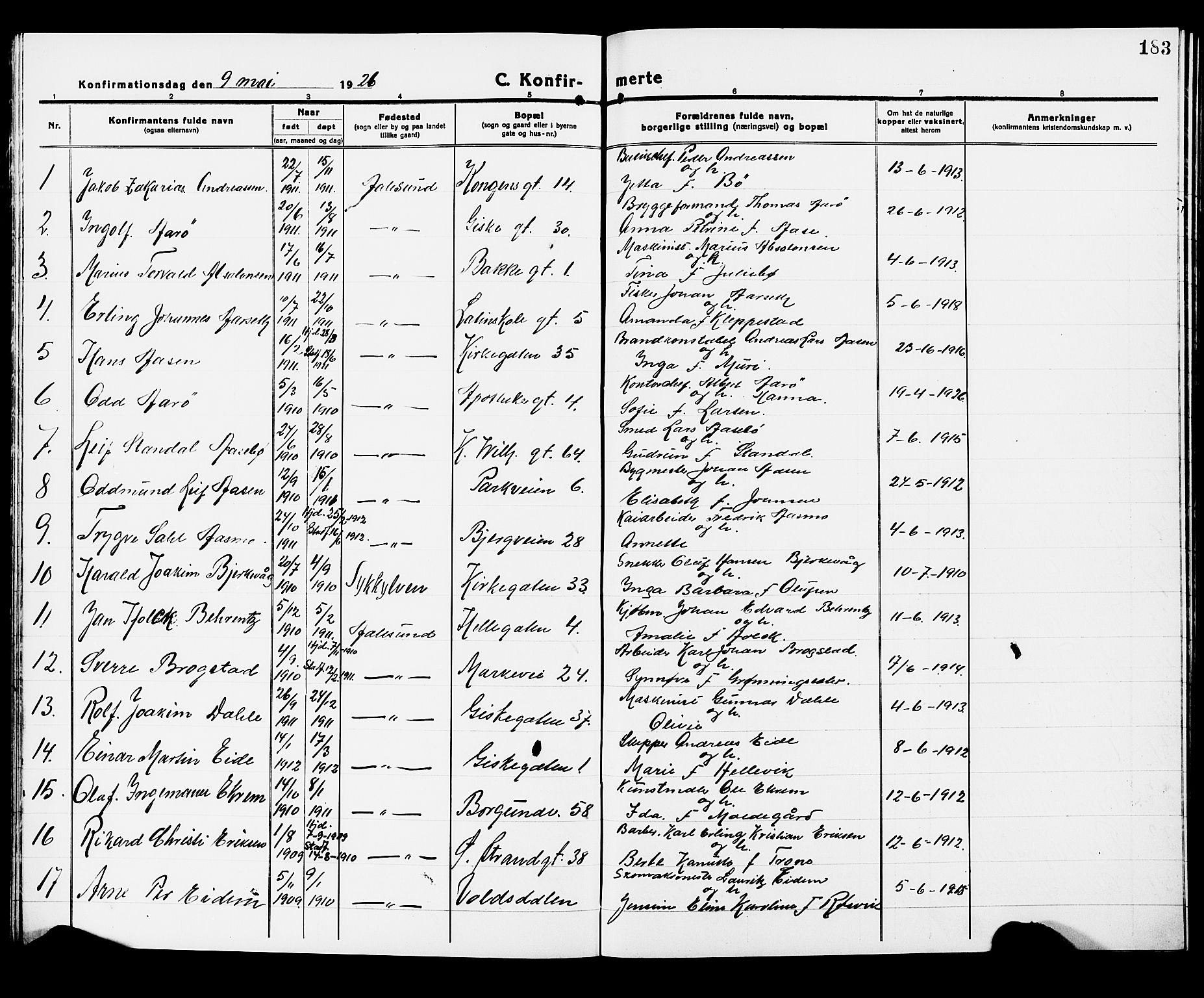 Ministerialprotokoller, klokkerbøker og fødselsregistre - Møre og Romsdal, AV/SAT-A-1454/529/L0472: Parish register (copy) no. 529C09, 1917-1929, p. 183