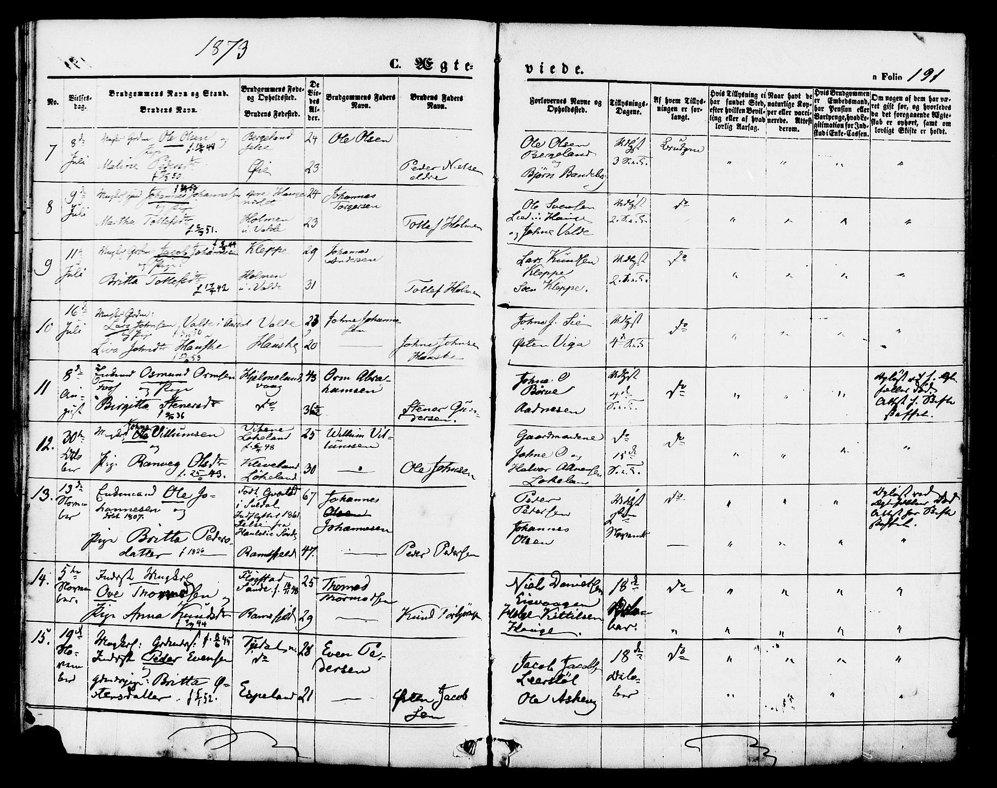 Hjelmeland sokneprestkontor, AV/SAST-A-101843/01/IV/L0011: Parish register (official) no. A 11, 1861-1878, p. 191