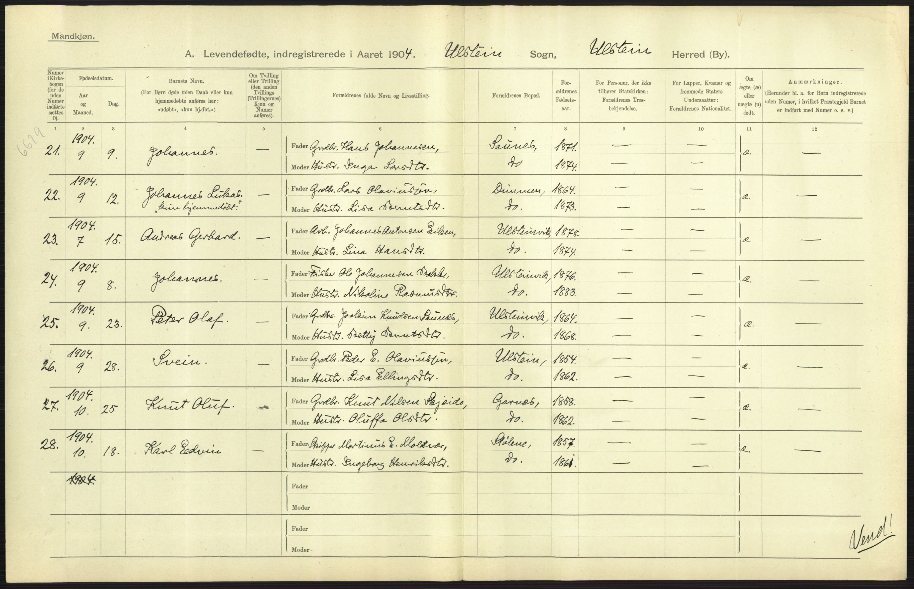 Statistisk sentralbyrå, Sosiodemografiske emner, Befolkning, AV/RA-S-2228/D/Df/Dfa/Dfab/L0016: Romsdals amt: Fødte, gifte, døde., 1904, p. 57