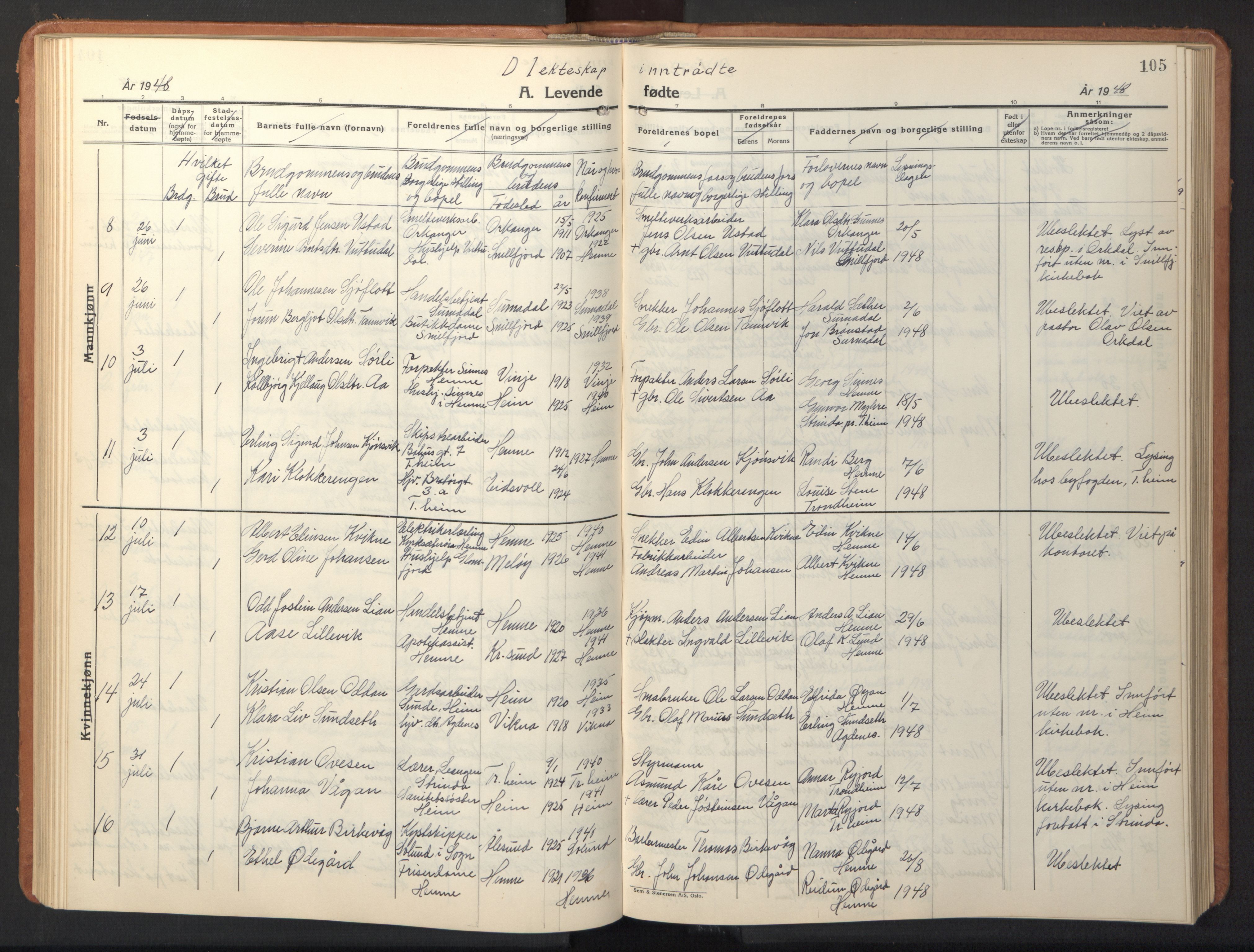 Ministerialprotokoller, klokkerbøker og fødselsregistre - Sør-Trøndelag, SAT/A-1456/630/L0508: Parish register (copy) no. 630C06, 1933-1950, p. 105