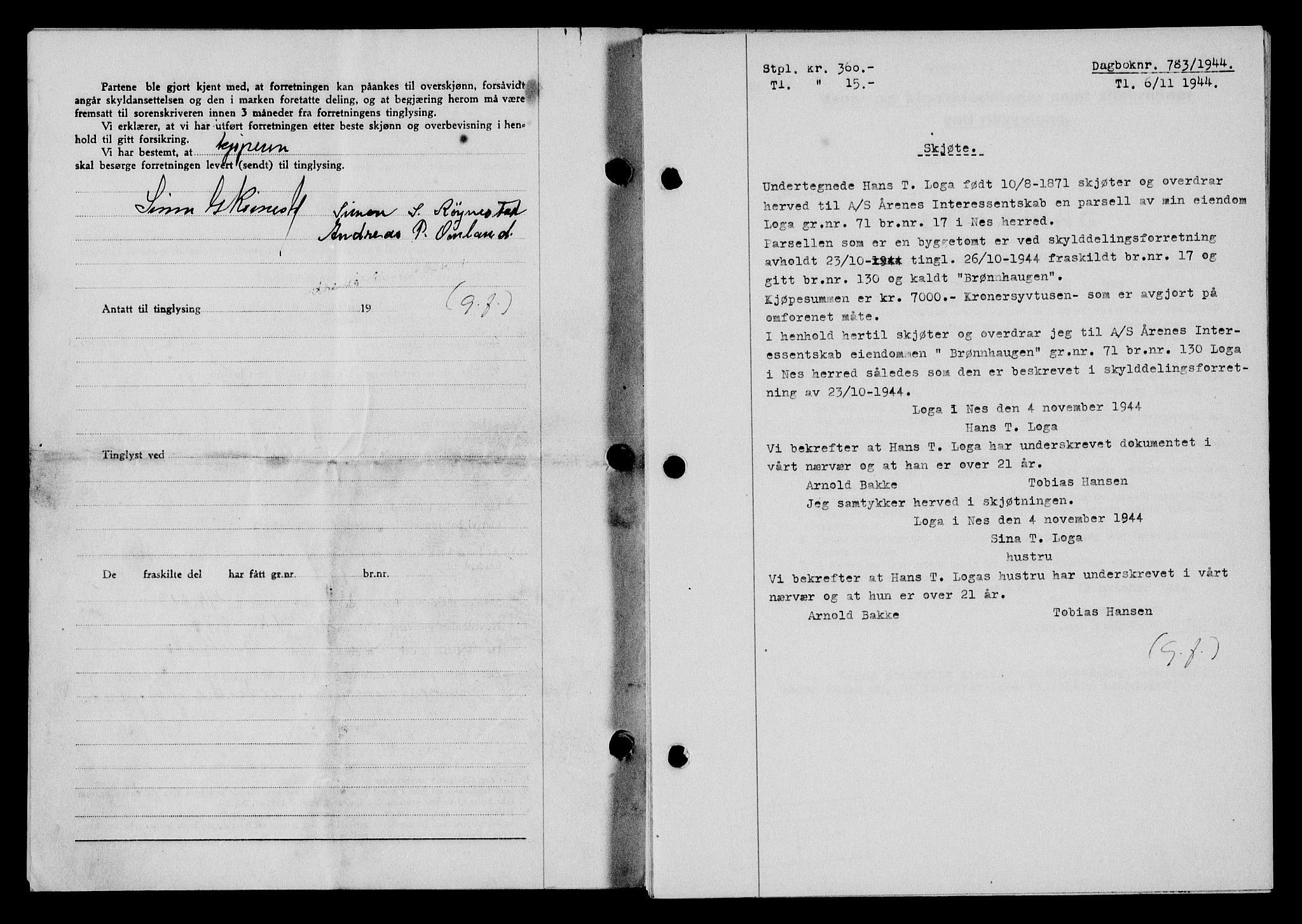 Flekkefjord sorenskriveri, SAK/1221-0001/G/Gb/Gba/L0059: Mortgage book no. A-7, 1944-1945, Diary no: : 783/1944