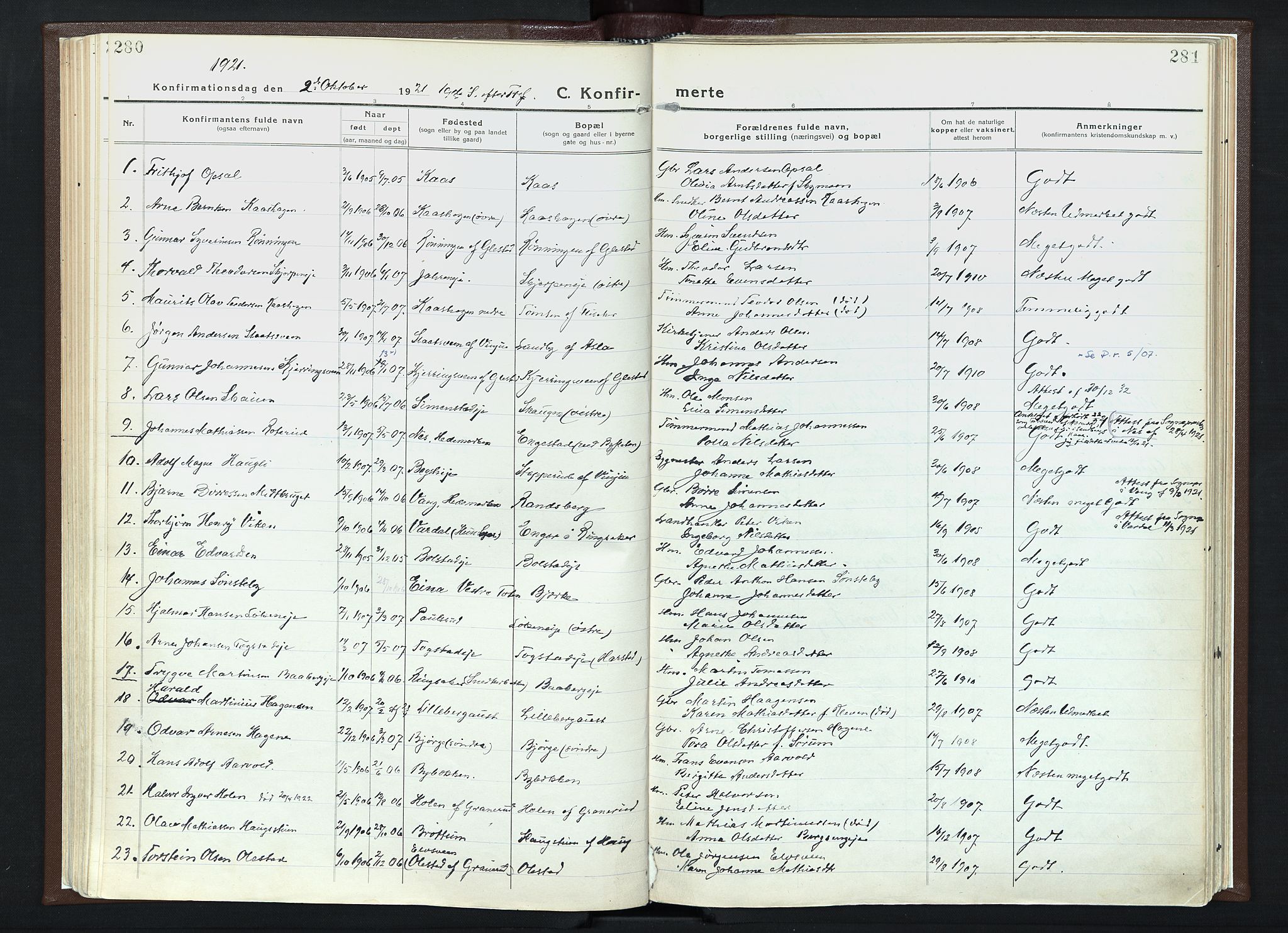 Veldre prestekontor, SAH/PREST-018/K/Ka/L0001: Parish register (official) no. 1, 1921-1934, p. 280-281