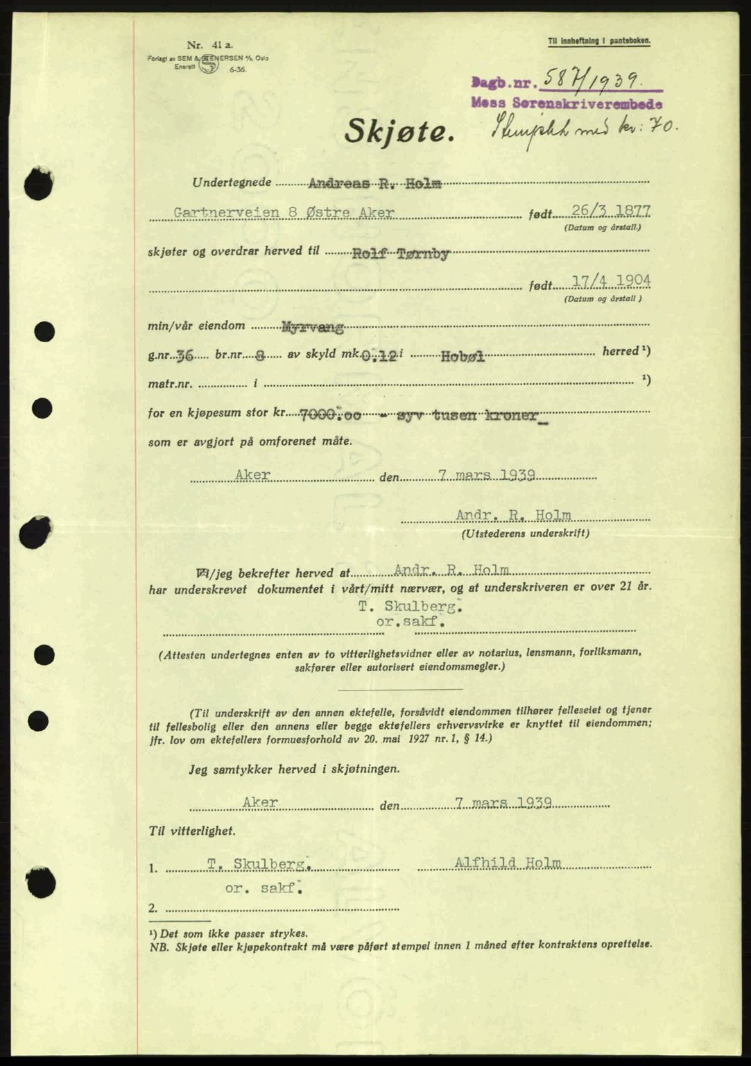 Moss sorenskriveri, SAO/A-10168: Mortgage book no. A5, 1938-1939, Diary no: : 587/1939