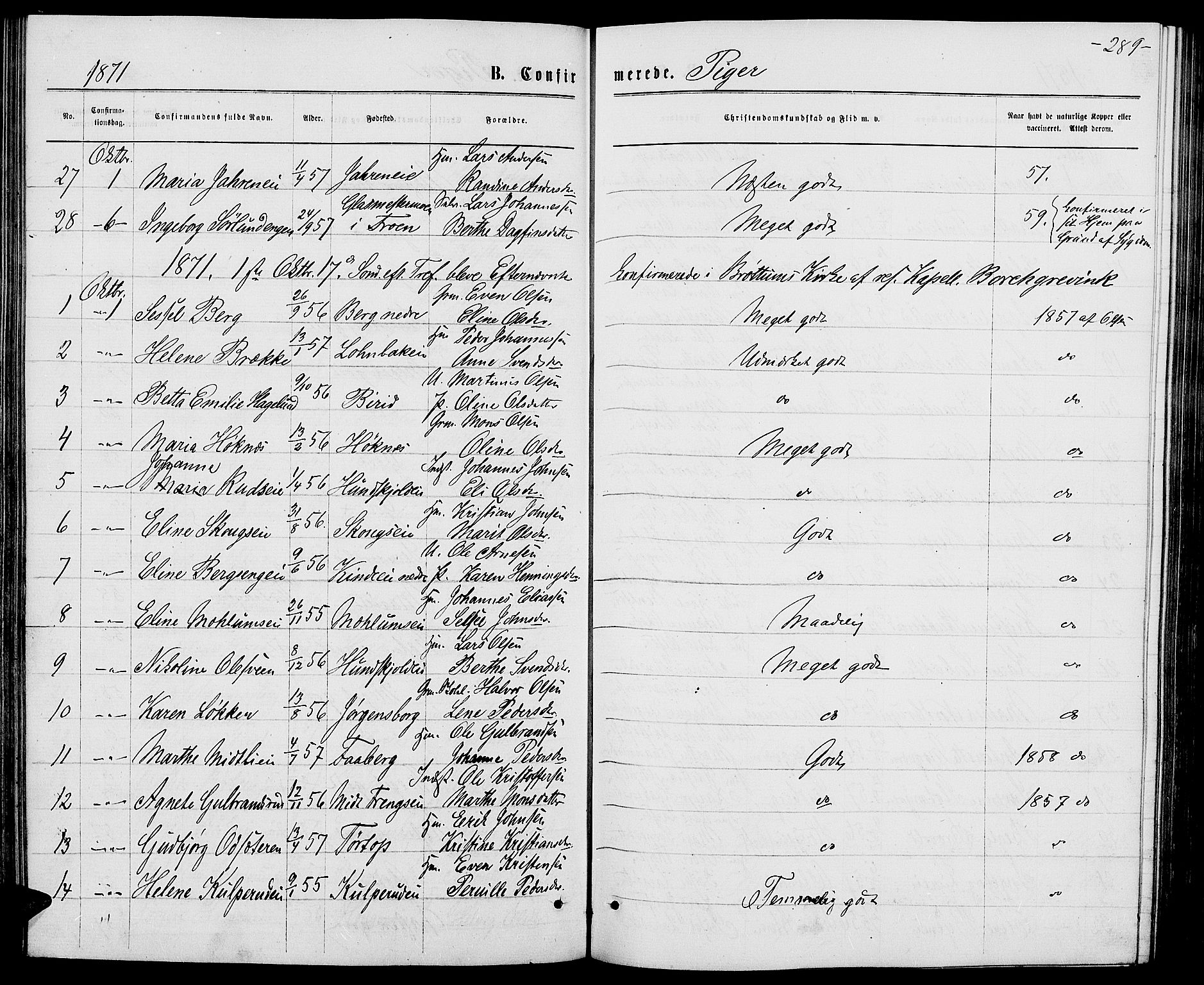 Ringsaker prestekontor, AV/SAH-PREST-014/L/La/L0008: Parish register (copy) no. 8, 1870-1878, p. 289