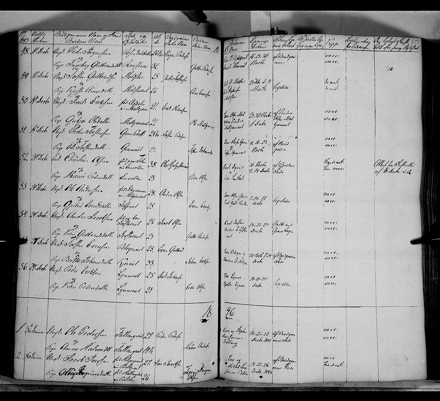 Gran prestekontor, SAH/PREST-112/H/Ha/Haa/L0011: Parish register (official) no. 11, 1842-1856, p. 872-873