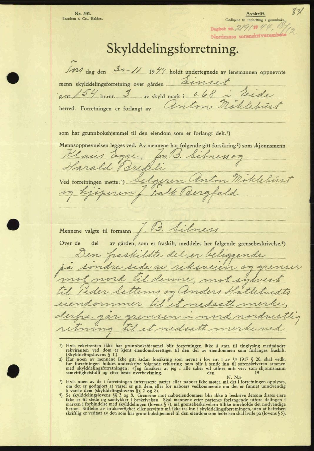 Nordmøre sorenskriveri, AV/SAT-A-4132/1/2/2Ca: Mortgage book no. A98, 1944-1944, Diary no: : 2191/1944