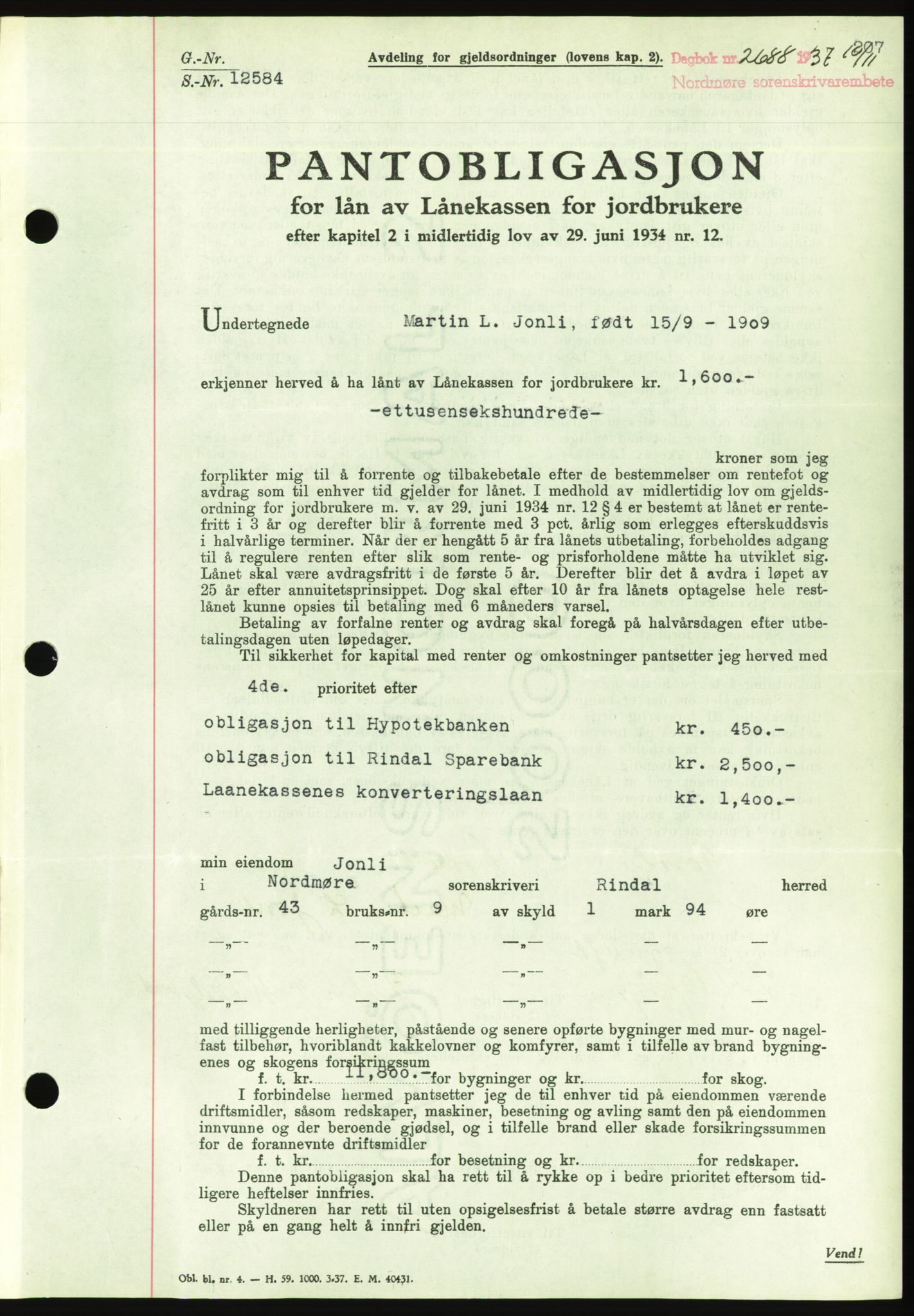 Nordmøre sorenskriveri, AV/SAT-A-4132/1/2/2Ca/L0092: Mortgage book no. B82, 1937-1938, Diary no: : 2688/1937