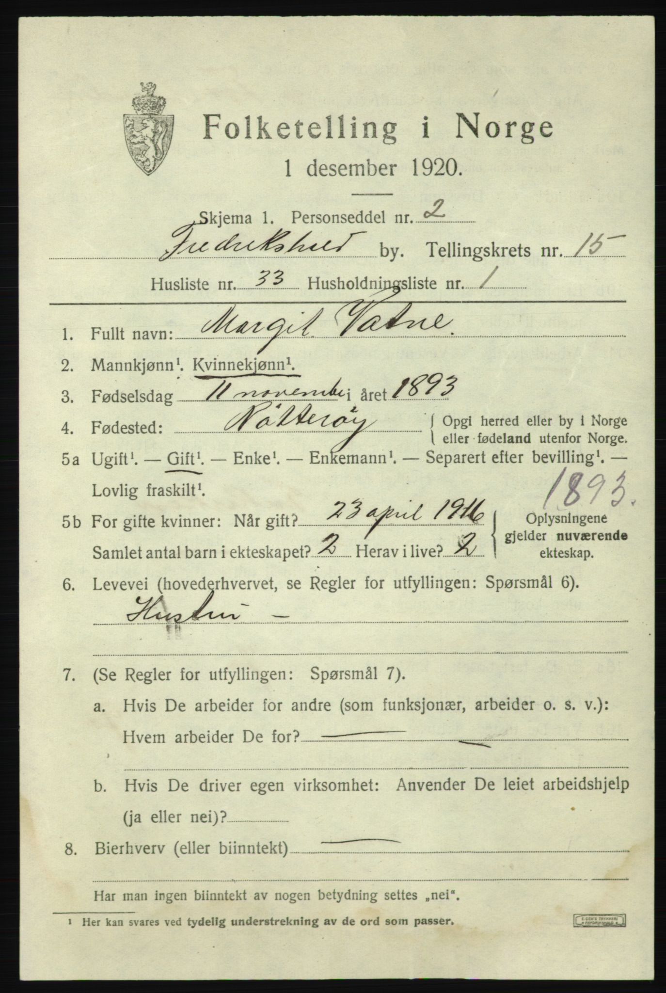 SAO, 1920 census for Fredrikshald, 1920, p. 23976
