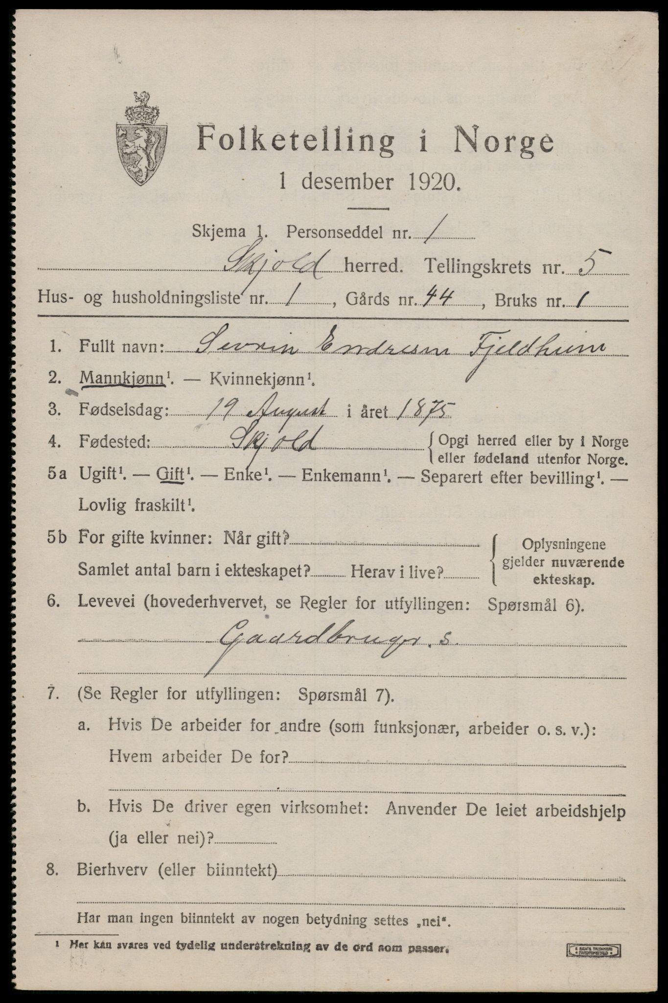 SAST, 1920 census for Skjold, 1920, p. 2684