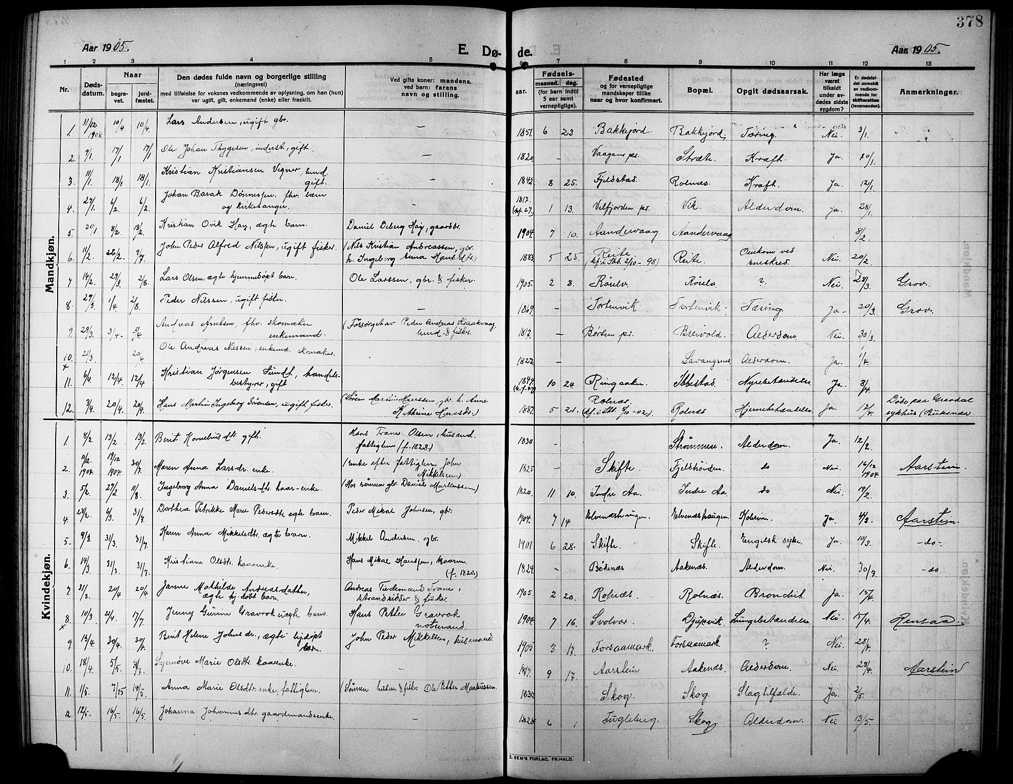 Ibestad sokneprestembete, AV/SATØ-S-0077/H/Ha/Hab/L0009klokker: Parish register (copy) no. 9, 1902-1914, p. 378