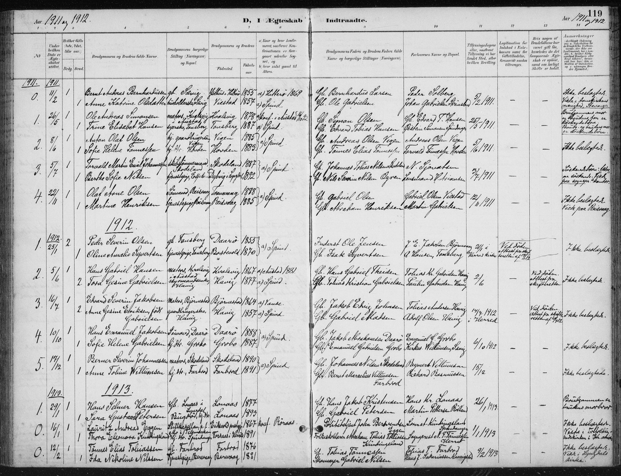Herad sokneprestkontor, SAK/1111-0018/F/Fb/Fbb/L0004: Parish register (copy) no. B 4, 1890-1935, p. 119