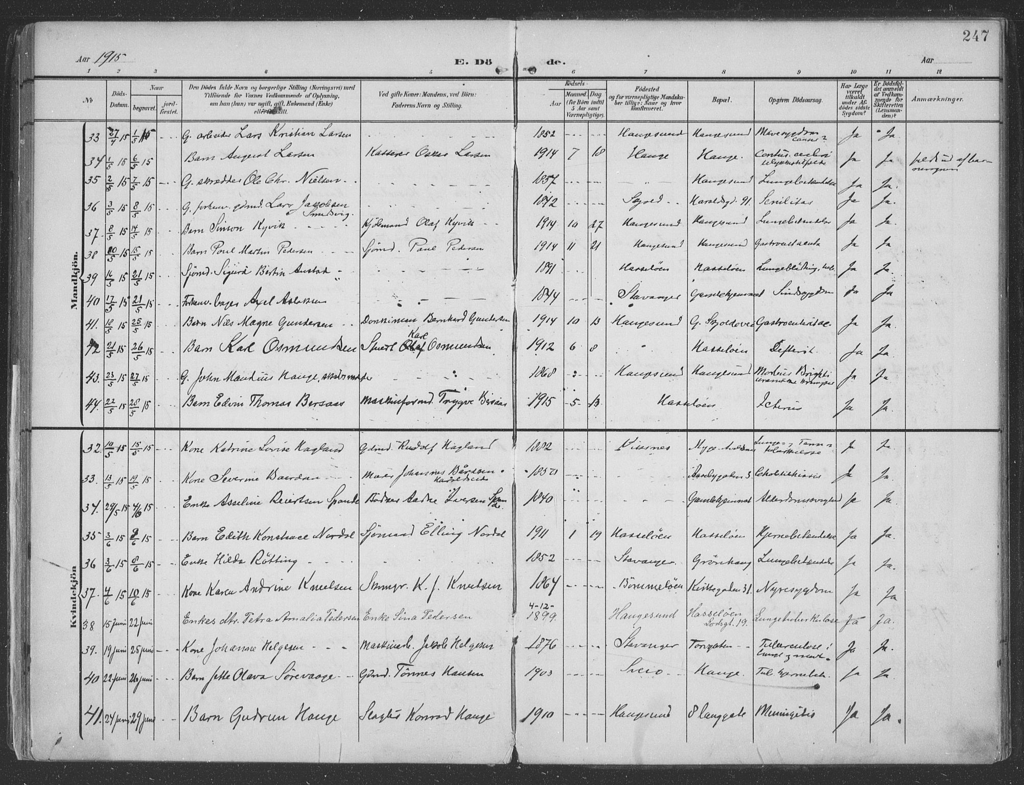 Haugesund sokneprestkontor, AV/SAST-A -101863/H/Ha/Haa/L0007: Parish register (official) no. A 7, 1904-1916, p. 247